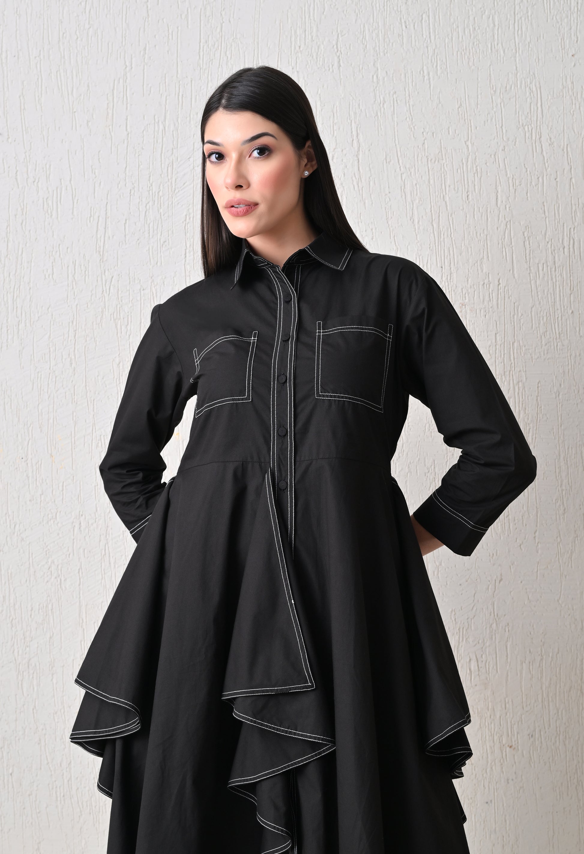 Vanta Black Cascade Shirt Dress - samant chauhan design 