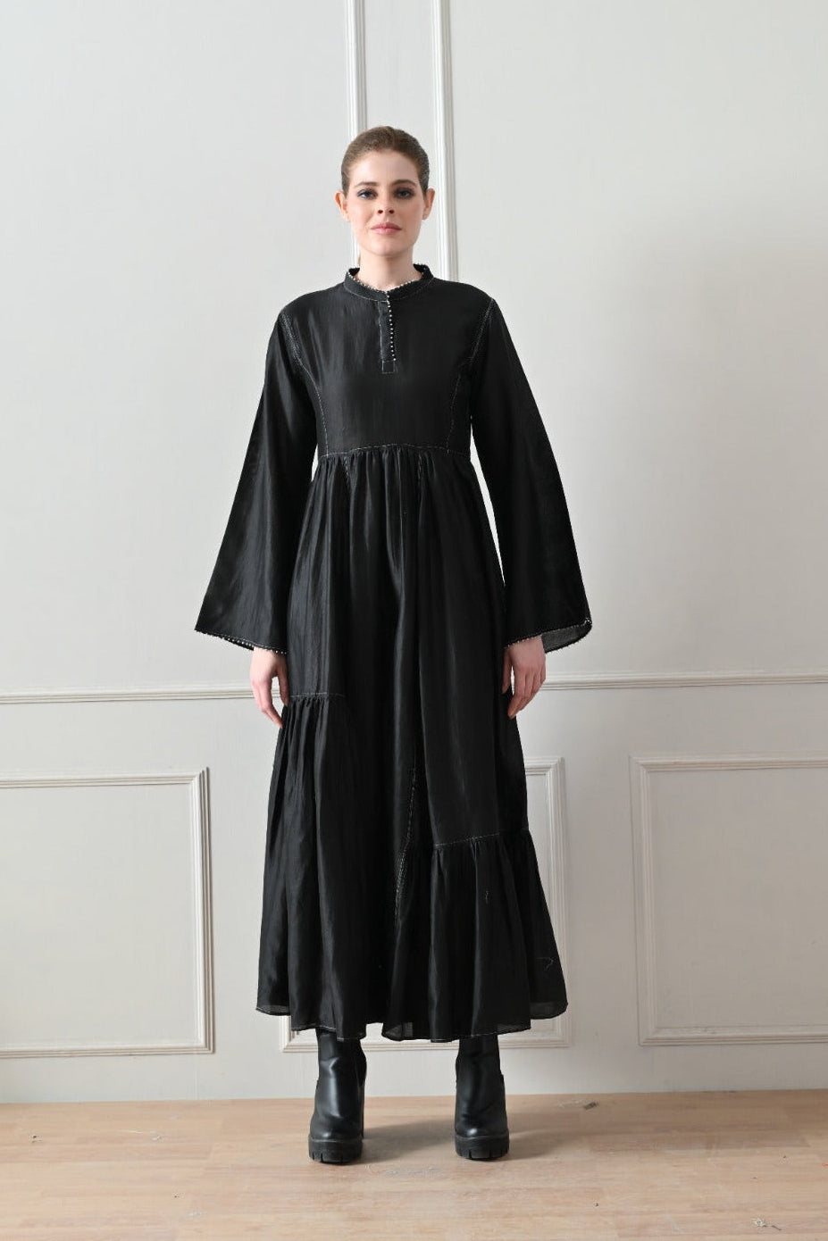 Deep Black Gathered Dress - samant chauhan design 