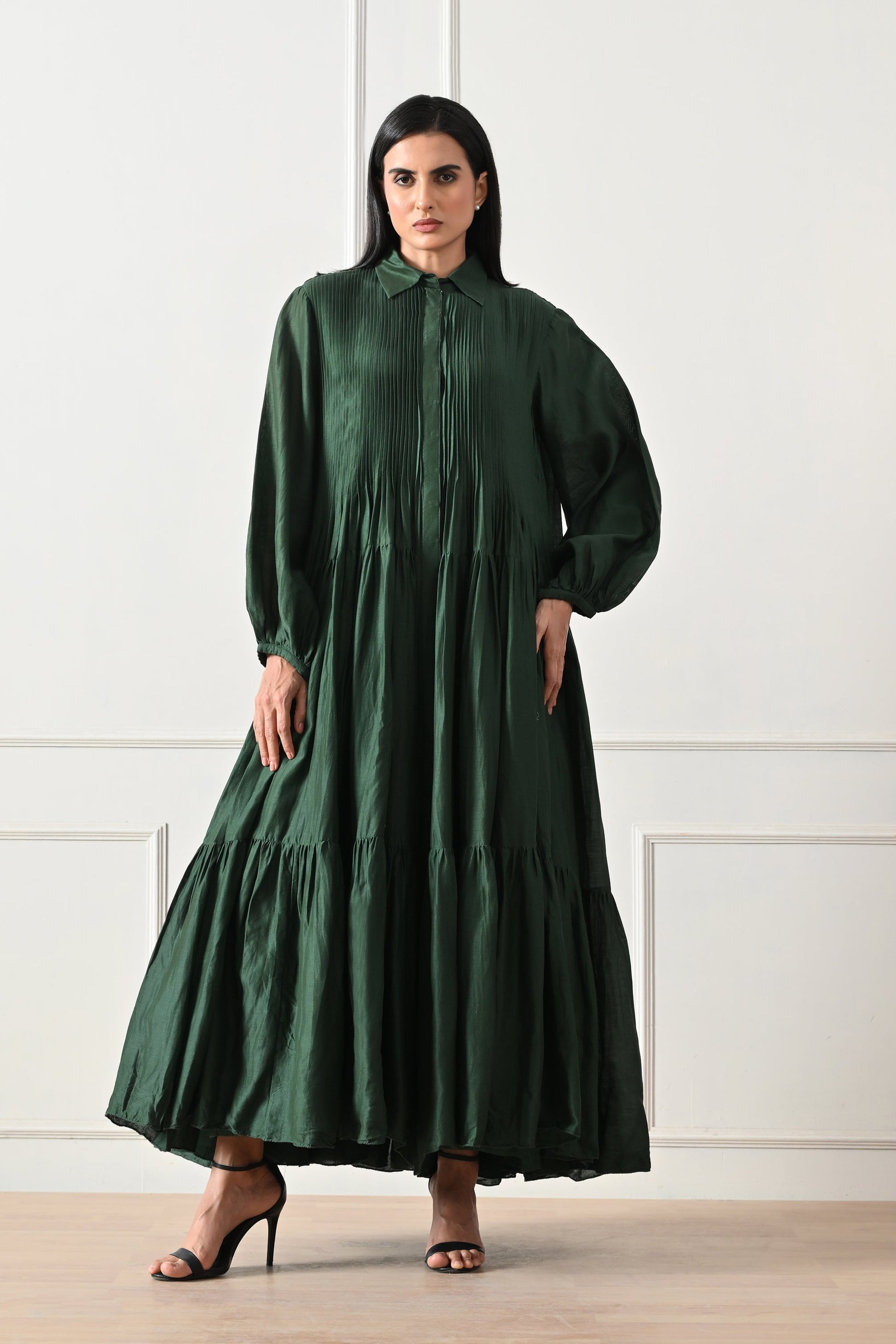 Emerald Pintuck Tiered Dress - samant chauhan design 