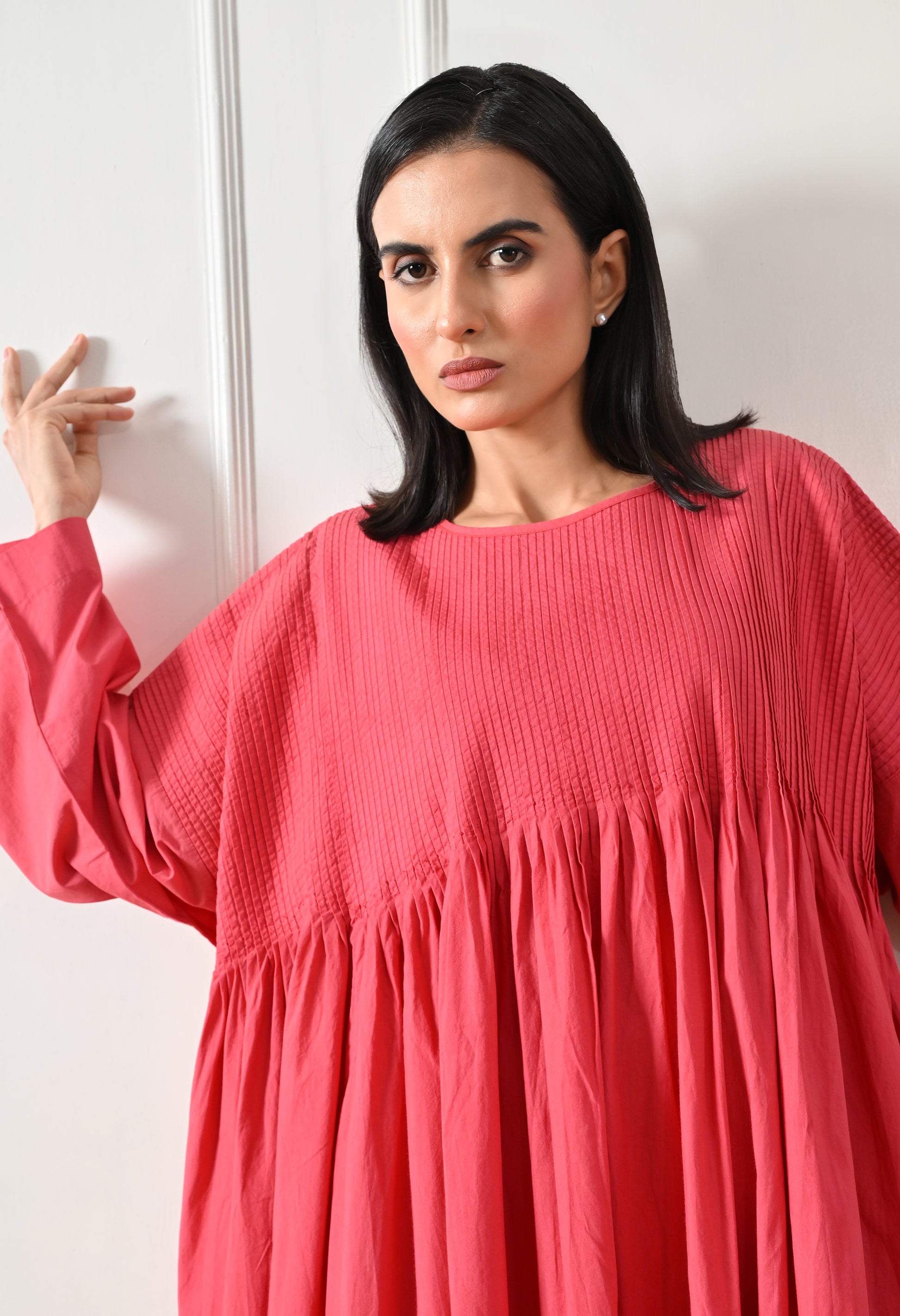 Coral Pintuck Gathered Dress - samant chauhan design 