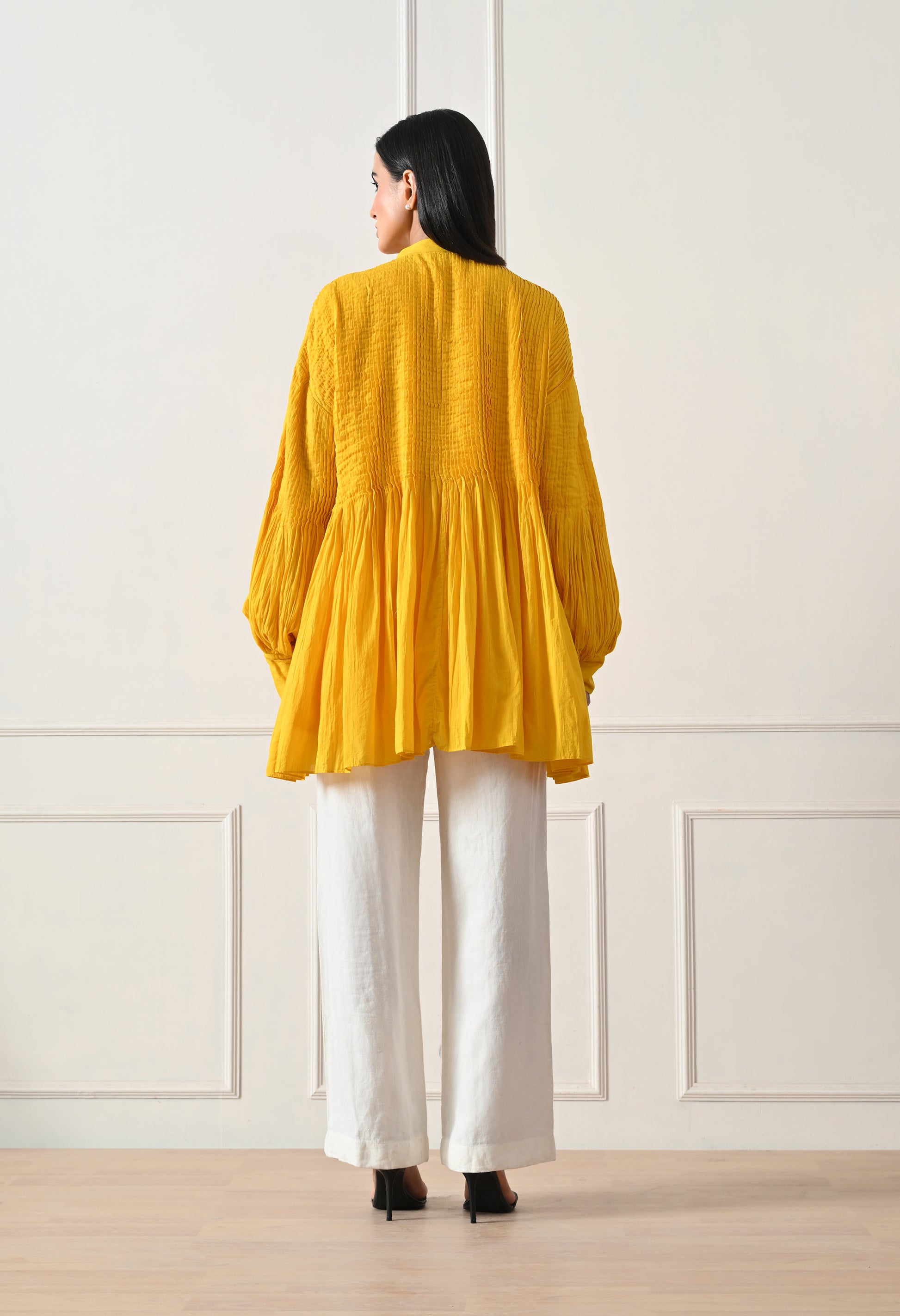 Mustard Pintuck Balloon Sleeve Tunic - samant chauhan design 