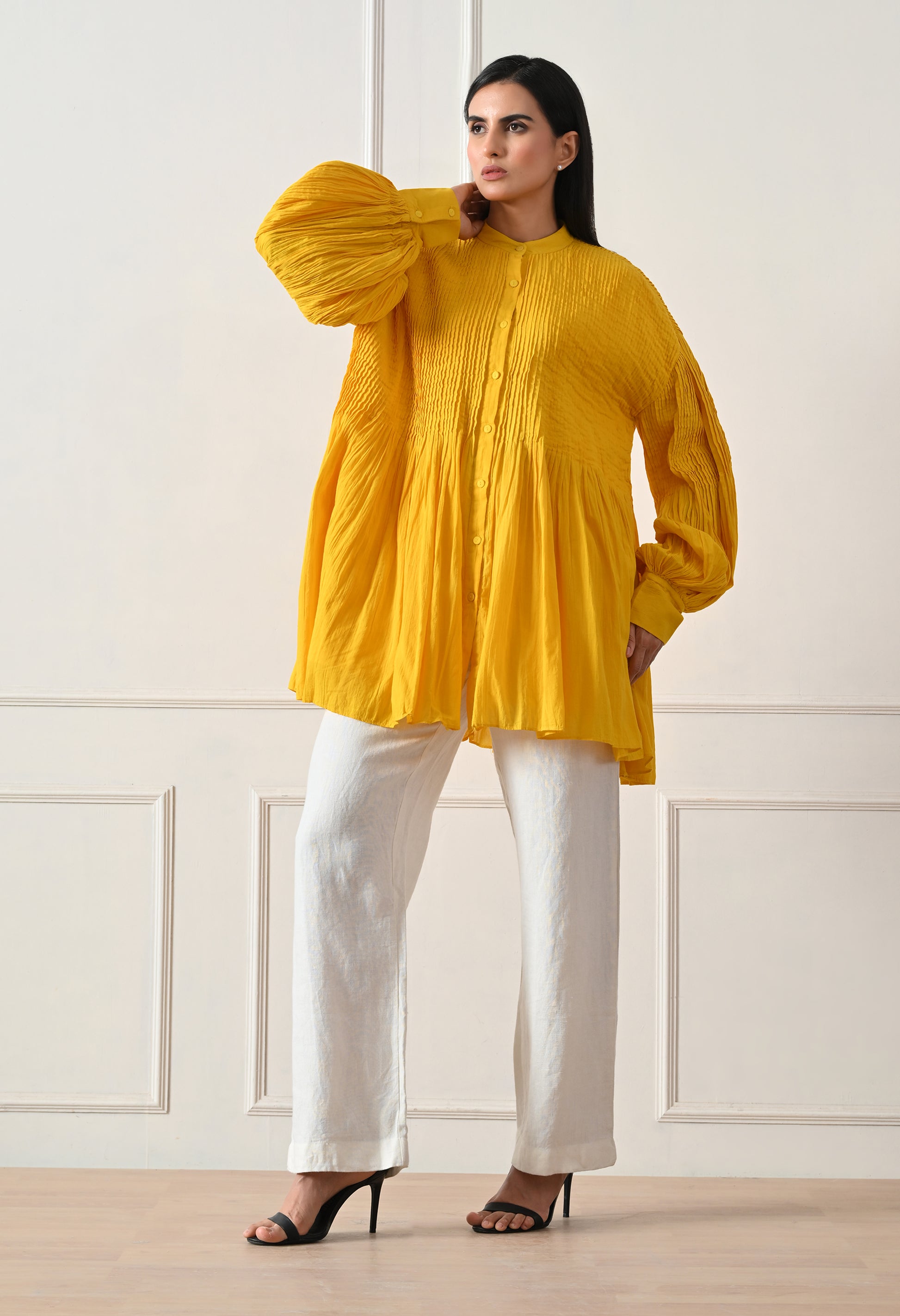 Mustard Pintuck Balloon Sleeve Tunic - samant chauhan design 