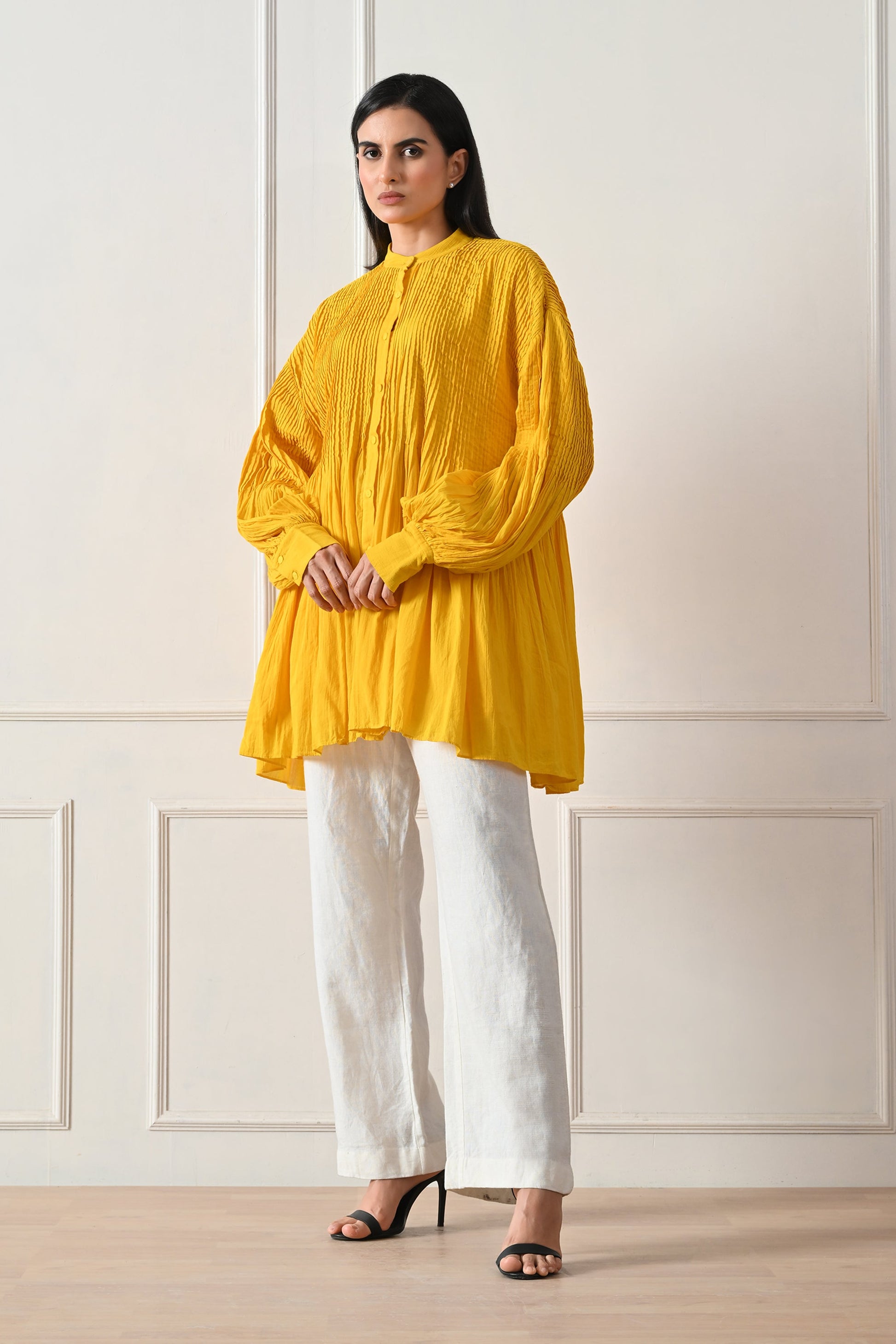 Mustard Pintuck Balloon Sleeve Tunic - samant chauhan design 