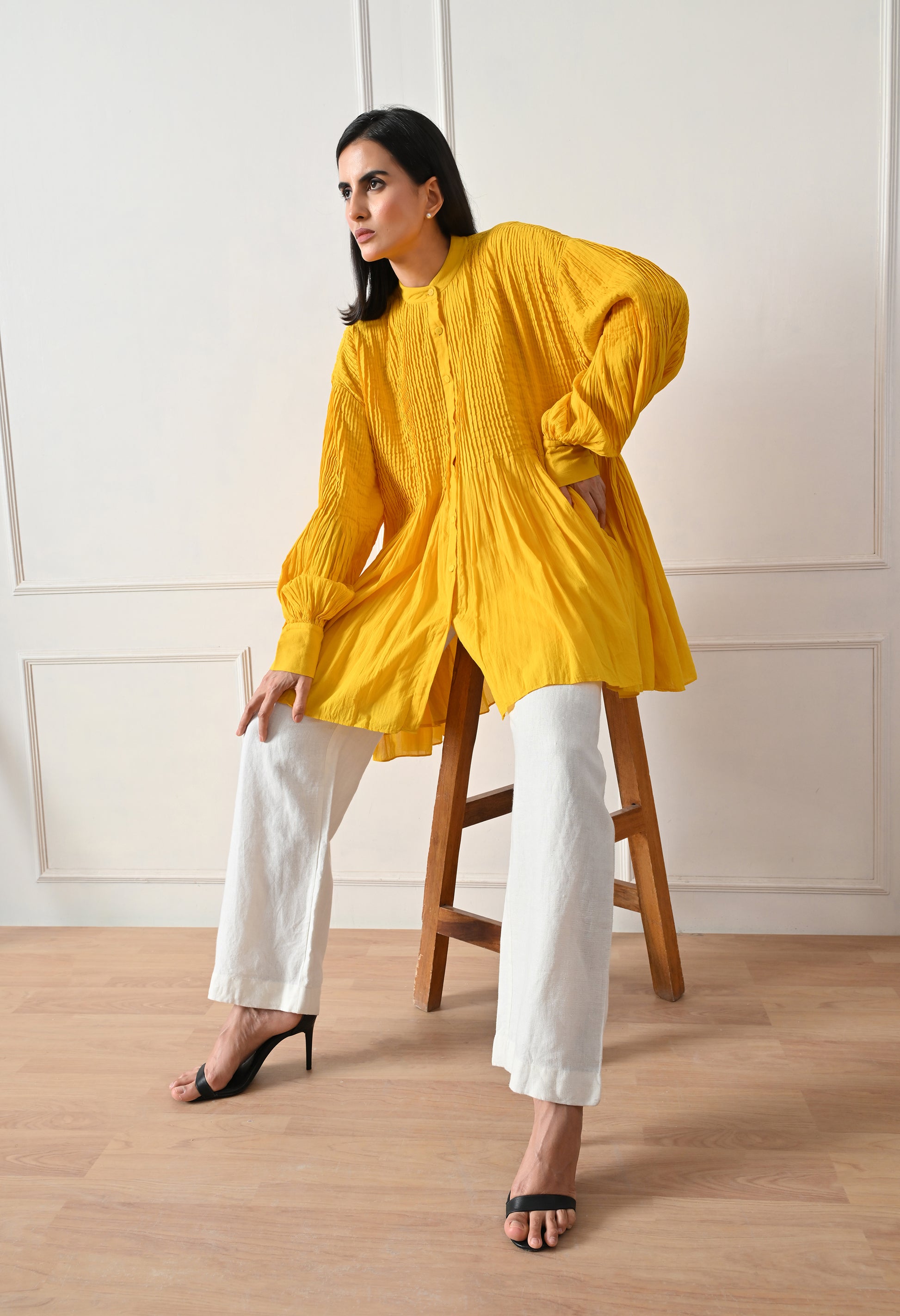 Mustard Pintuck Balloon Sleeve Tunic - samant chauhan design 