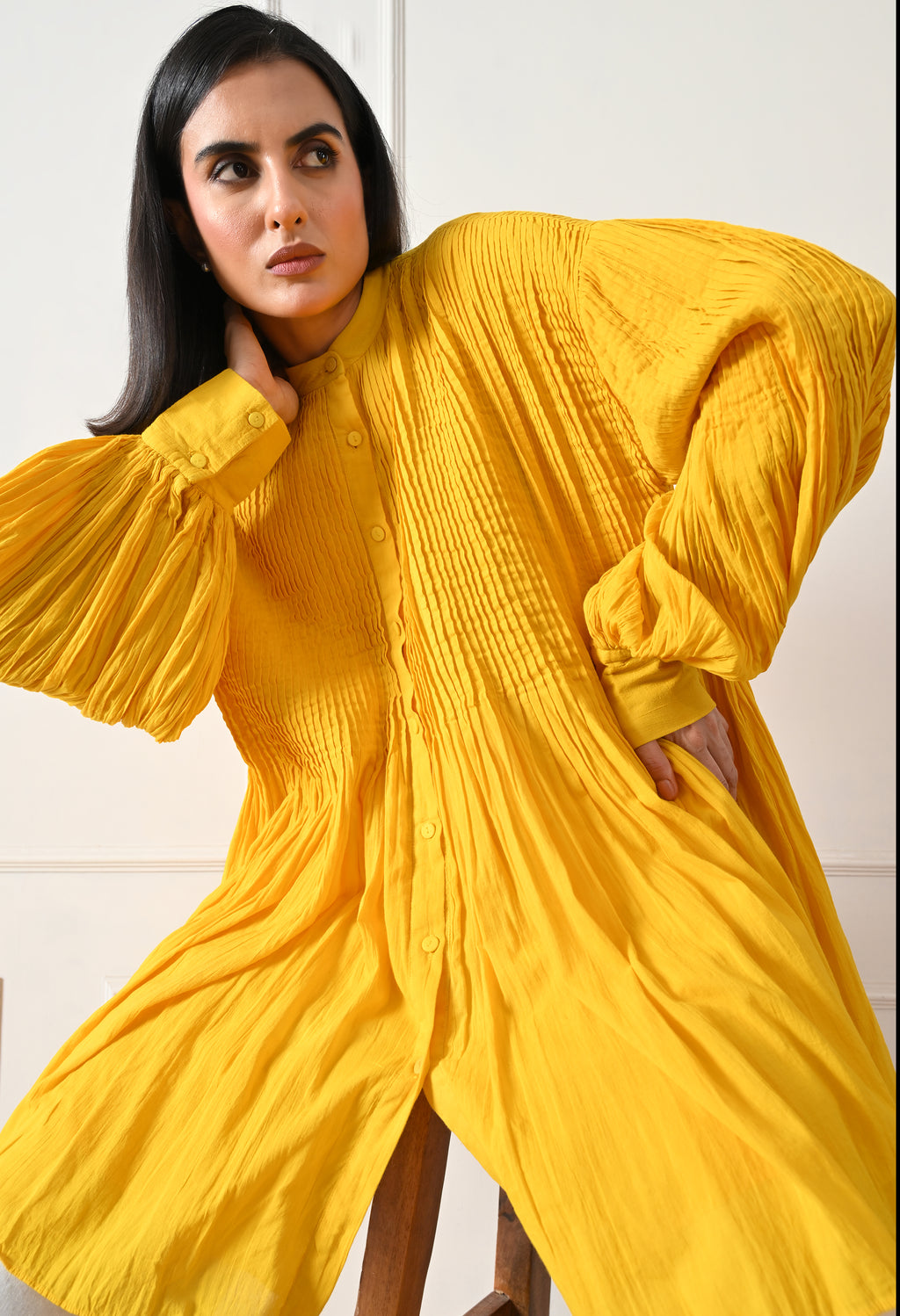 Mustard Pintuck Balloon Sleeve Tunic - samant chauhan design 