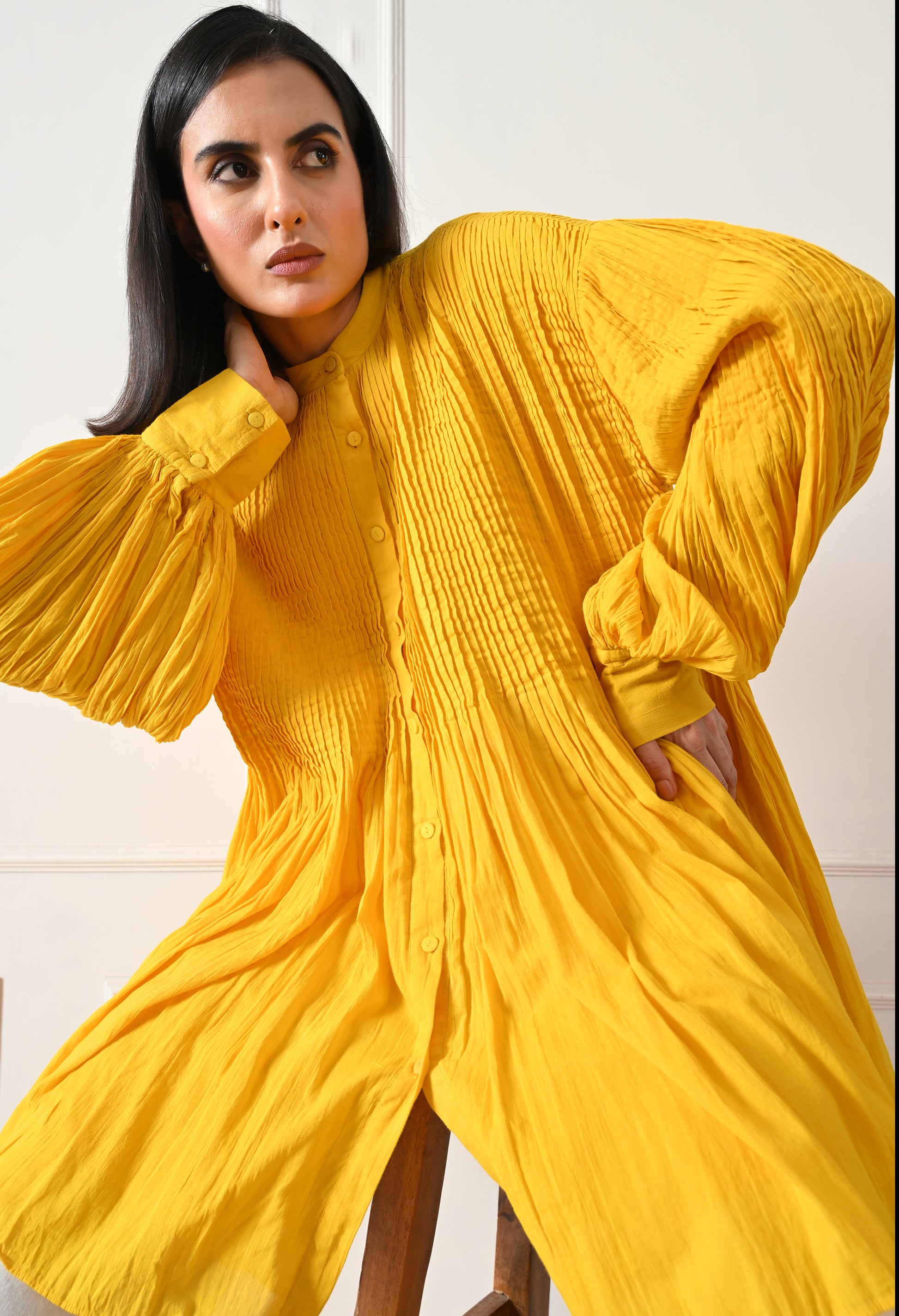 Mustard Pintuck Balloon Sleeve Tunic - samant chauhan design 
