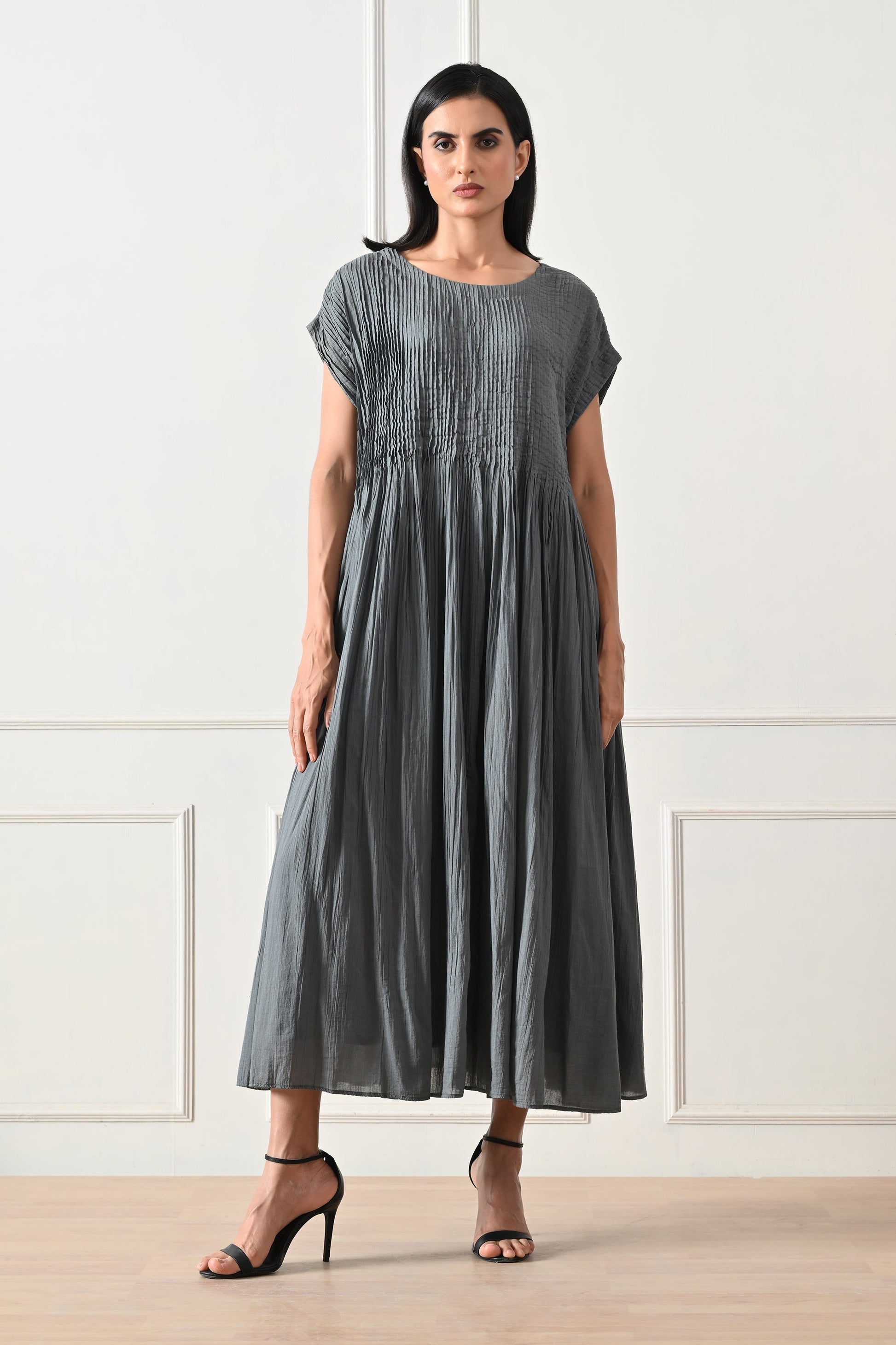 Grey Pintuck Gathered Dress - samant chauhan design 