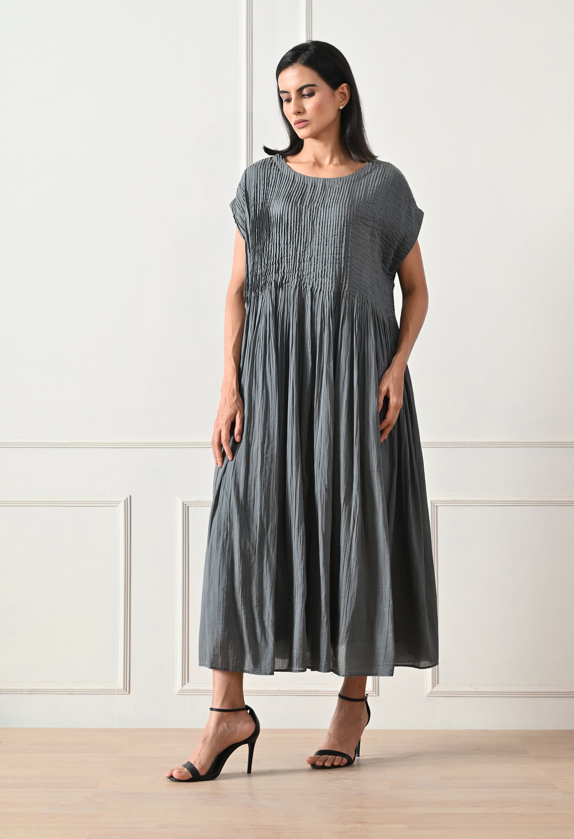 Grey Pintuck Gathered Dress - samant chauhan design 