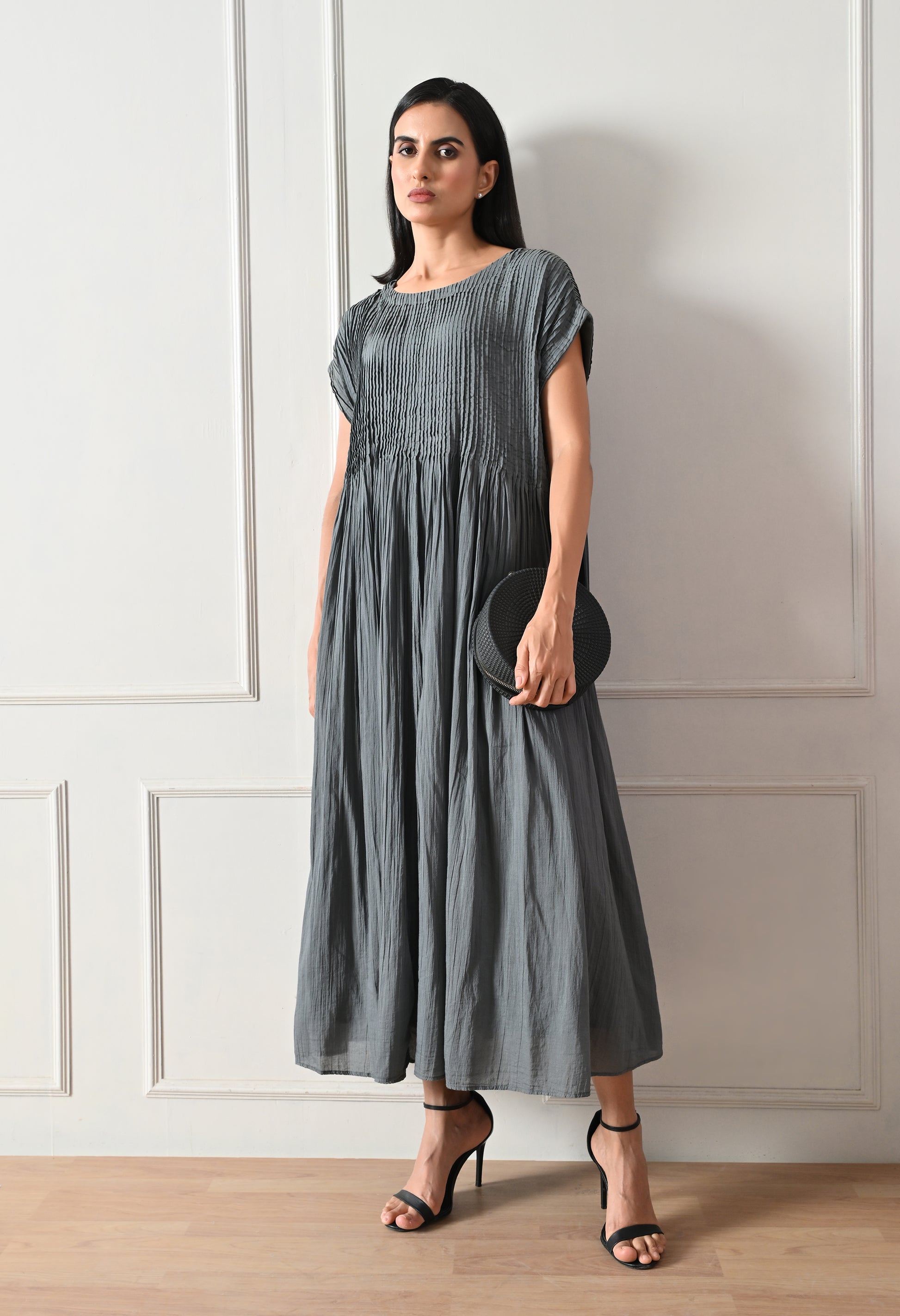 Grey Pintuck Gathered Dress - samant chauhan design 
