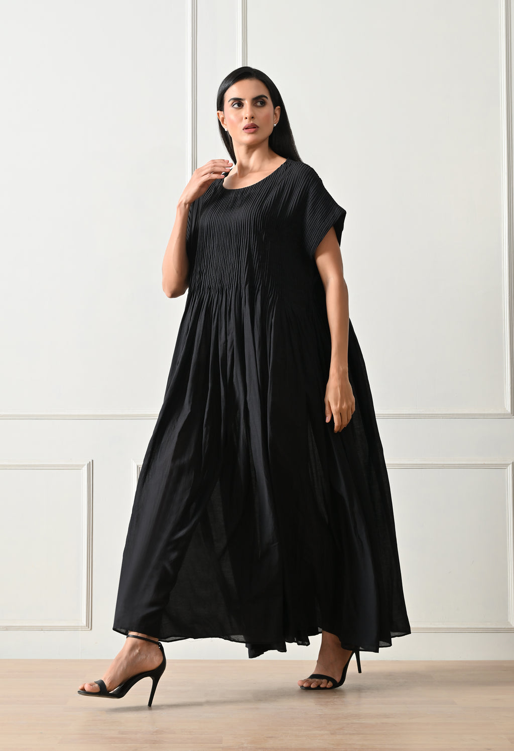 Black Pintuck Gathered Dress - samant chauhan design 