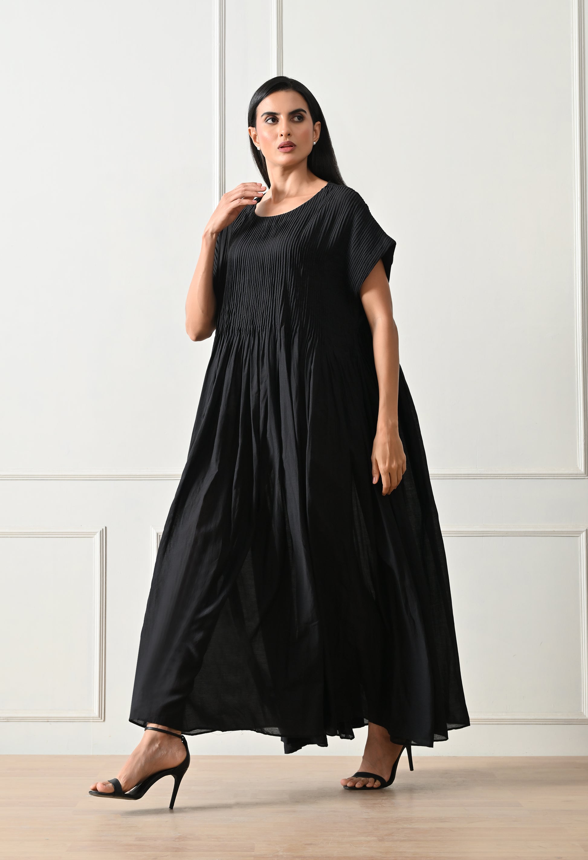 Black Pintuck Gathered Dress - samant chauhan design 