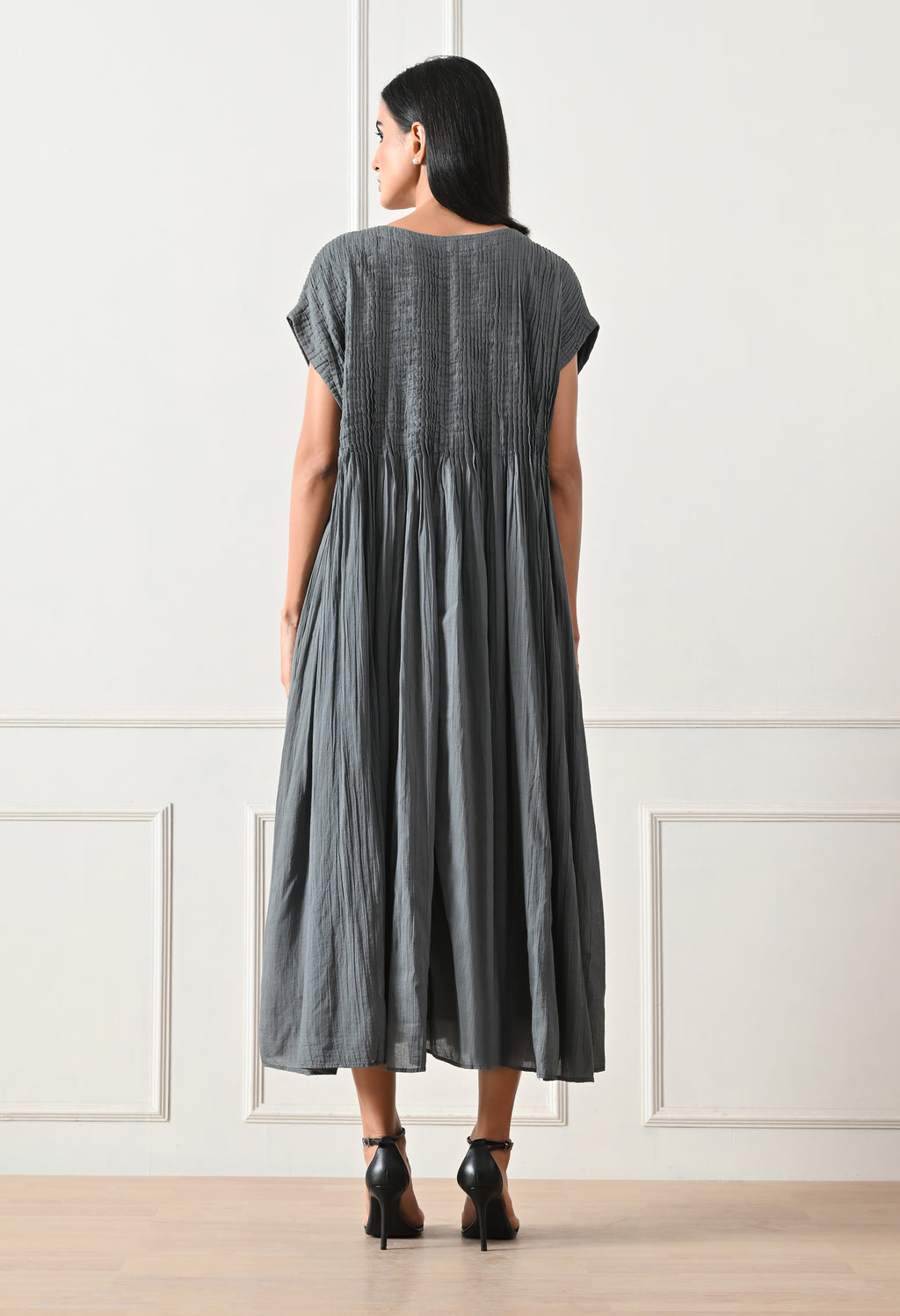 Grey Pintuck Gathered Dress - samant chauhan design 