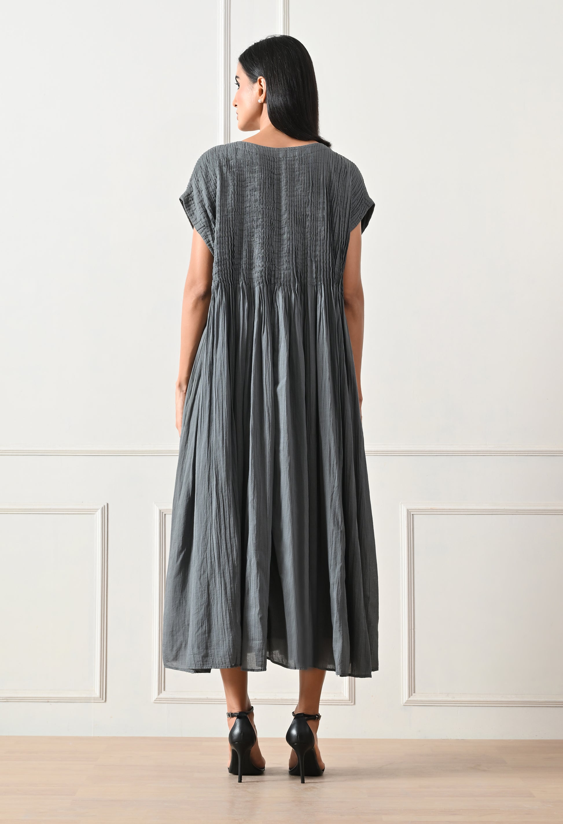 Grey Pintuck Gathered Dress - samant chauhan design 