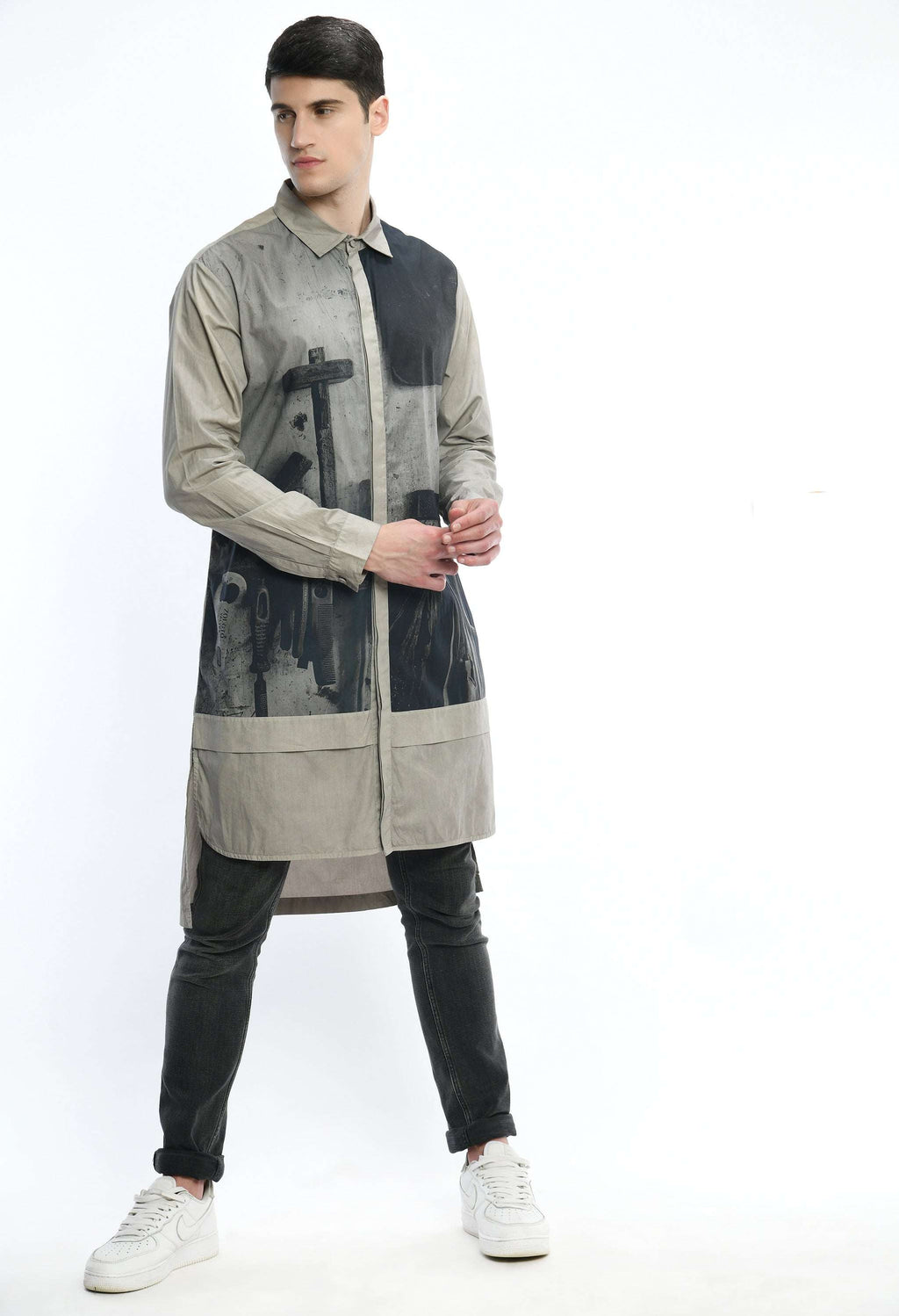 SPACE GREY STATEMENT cotton shirt with Bombay to Tokyo print design.