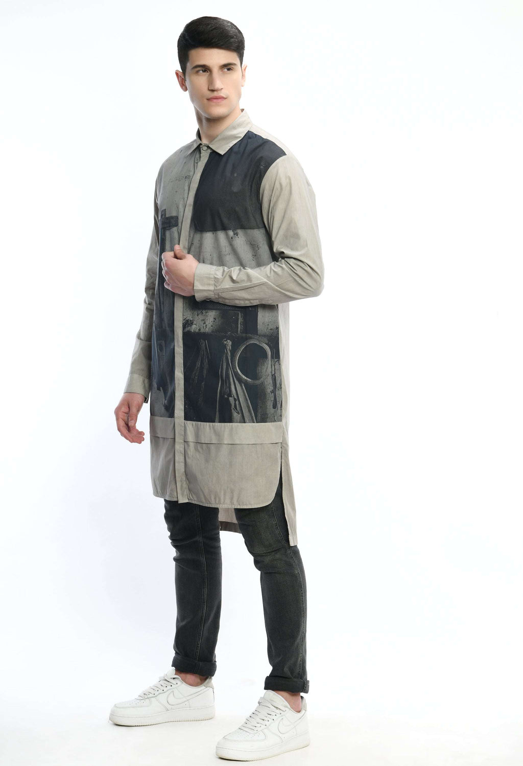 SPACE GREY STATEMENT shirt, soft cotton, Bombay to Tokyo print, cultural fusion design.