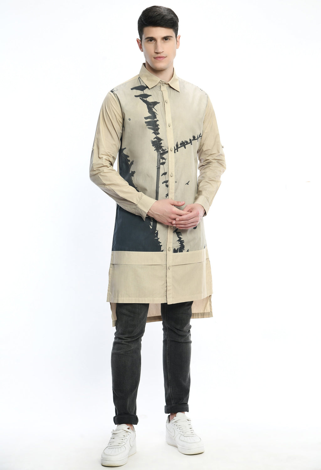 BEIGE FEATHER SHIRT with print inspired by Bombay to Tokyo journey, crafted in soft cotton.