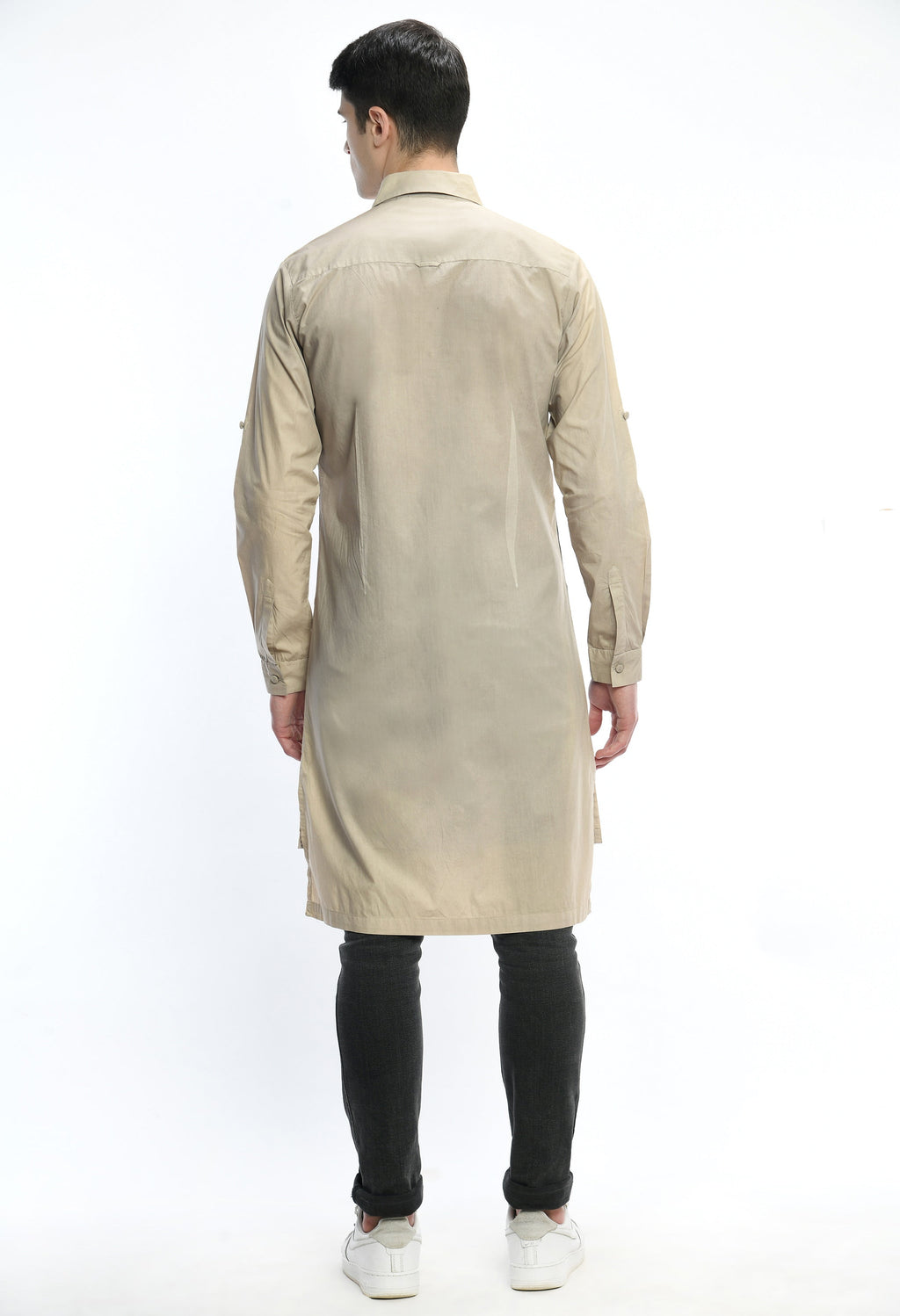 Beige Feather Shirt, soft cotton, cultural print, back view.