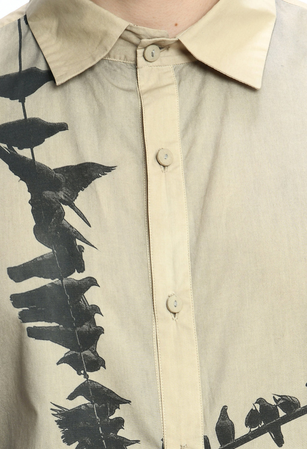 BEIGE FEATHER SHIRT with cultural print inspired by Bombay to Tokyo journey, crafted in soft cotton.