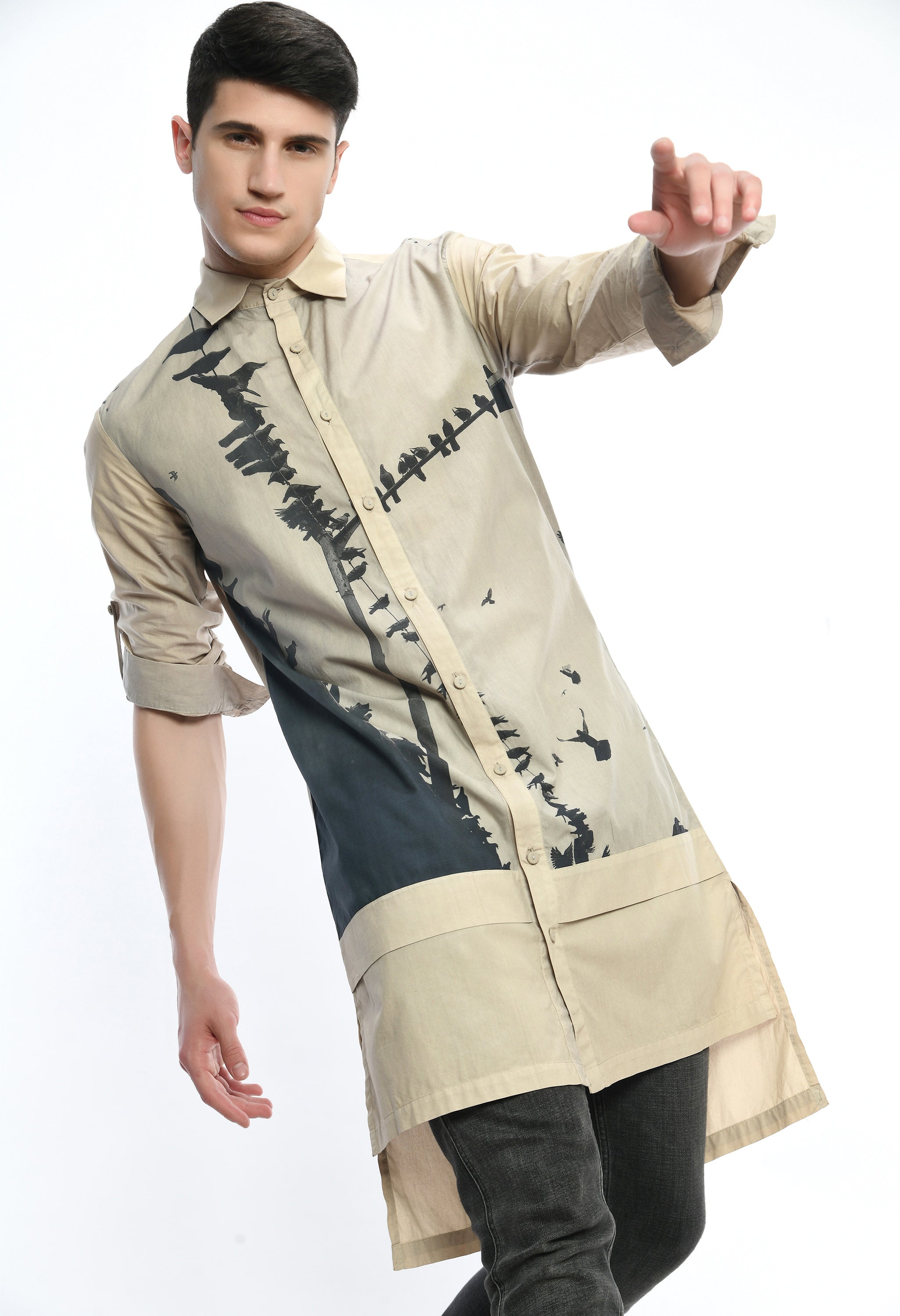 BEIGE FEATHER SHIRT with Bombay to Tokyo inspired print, crafted in soft cotton.