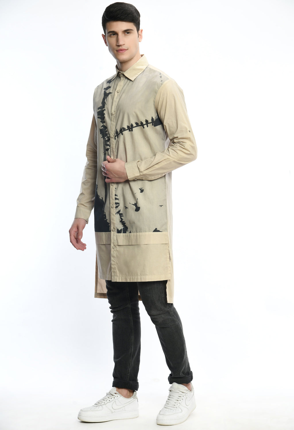 Beige feather print shirt crafted in soft cotton, inspired by Bombay to Tokyo journey.