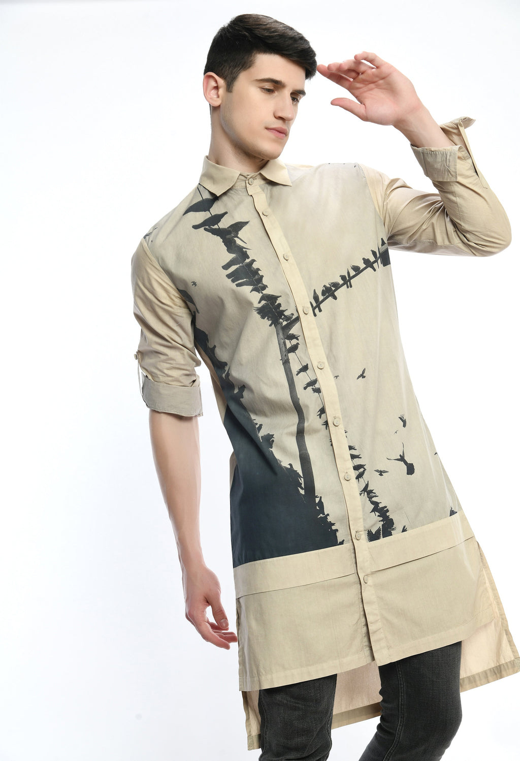 BEIGE FEATHER SHIRT with cultural print inspired by Bombay to Tokyo journey crafted in soft cotton.
