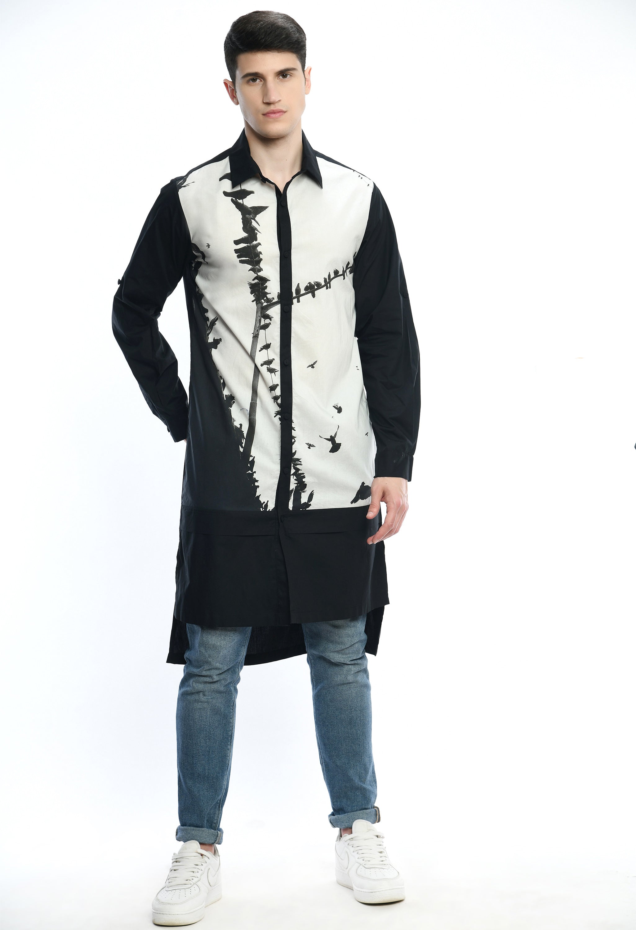 BINARY FEATHER SHIRT in soft cotton featuring Bombay to Tokyo inspired print.