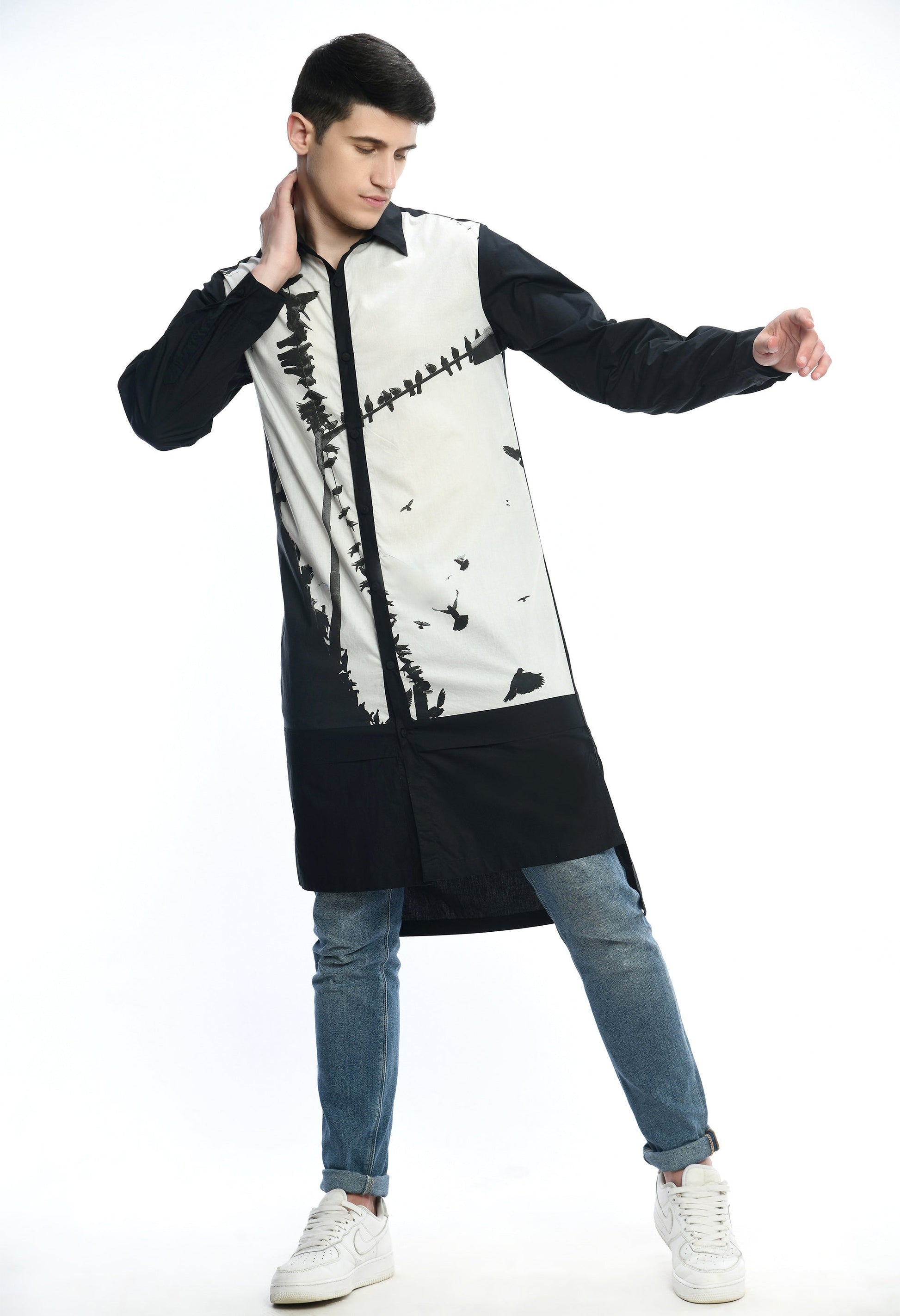 BINARY FEATHER SHIRT in cotton with Bombay to Tokyo inspired print.