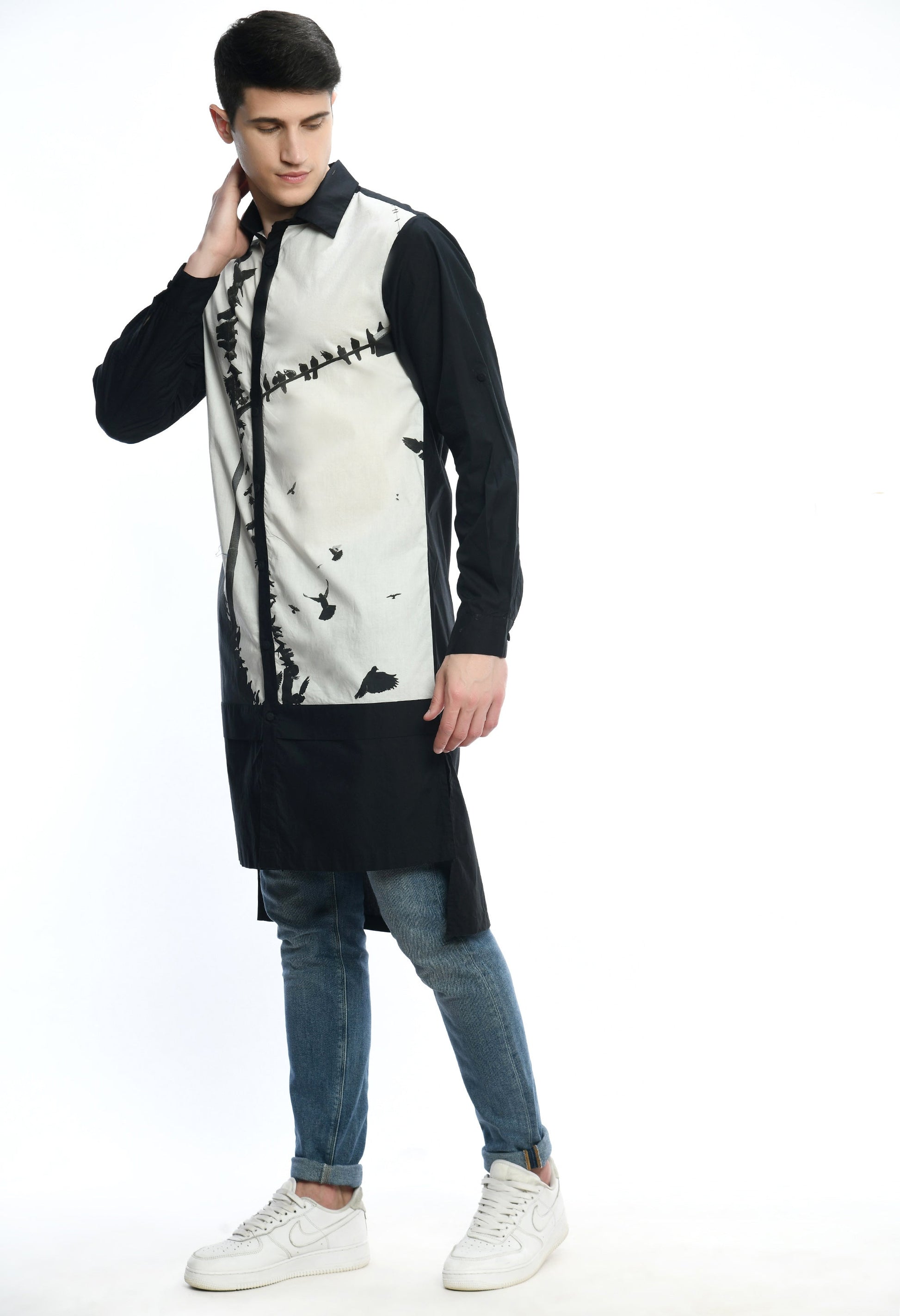 BINARY FEATHER SHIRT in soft cotton with Bombay to Tokyo journey-inspired print.