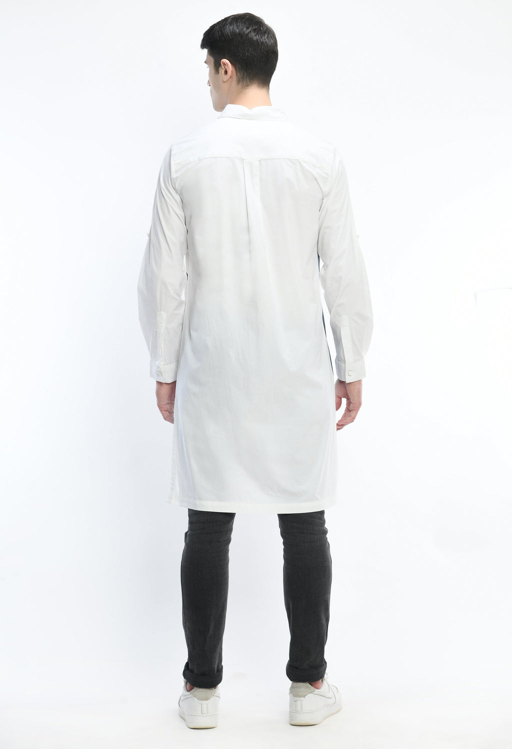 WING FLUX WHITE SHIRT crafted in soft cotton with cultural print inspired by Bombay to Tokyo journey, rear view.