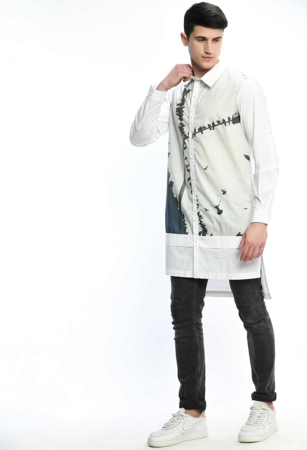 WING FLUX WHITE SHIRT with cultural print design, Bombay to Tokyo inspiration.