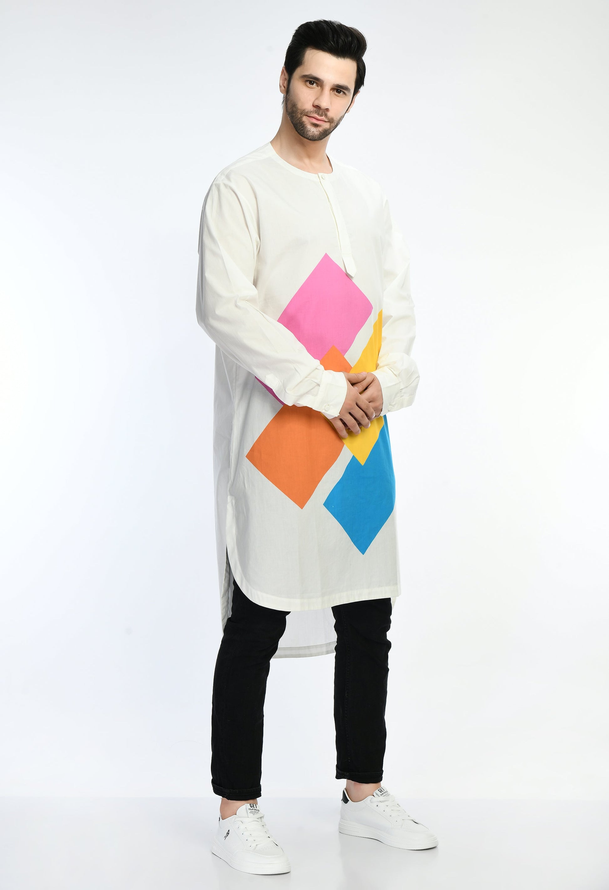 Colorful abstract print cotton shirt for a modern look.