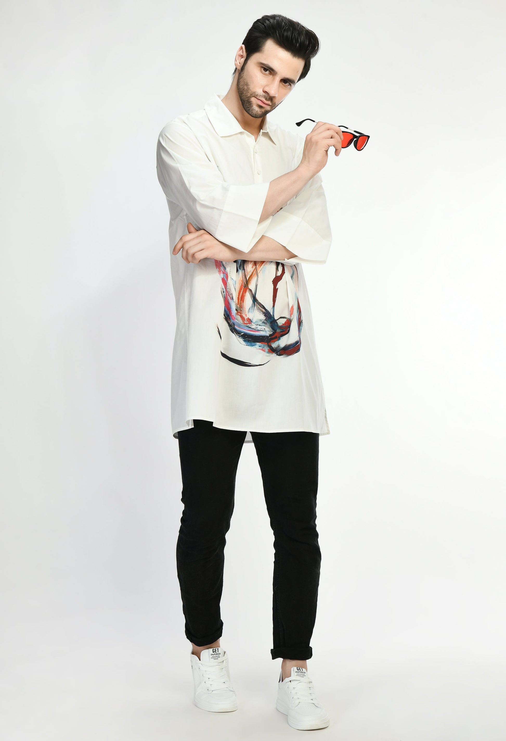Brusg choas Shirt with bold abstract prints, soft cotton fabric, modern style.