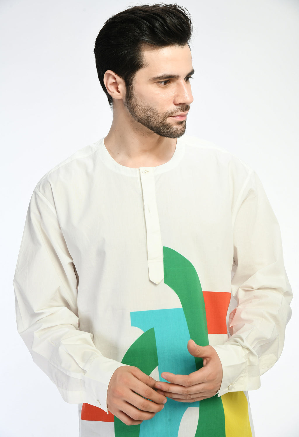Colorful NEON MESH SHIRT with bold geometric prints.