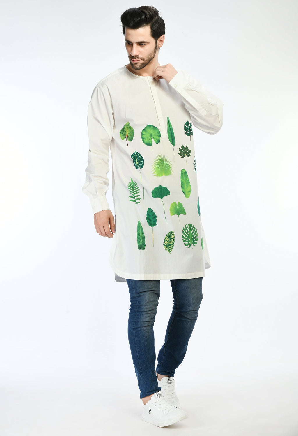 Forest Grid Shirt with small green plant prints, light and comfortable cotton fabric.