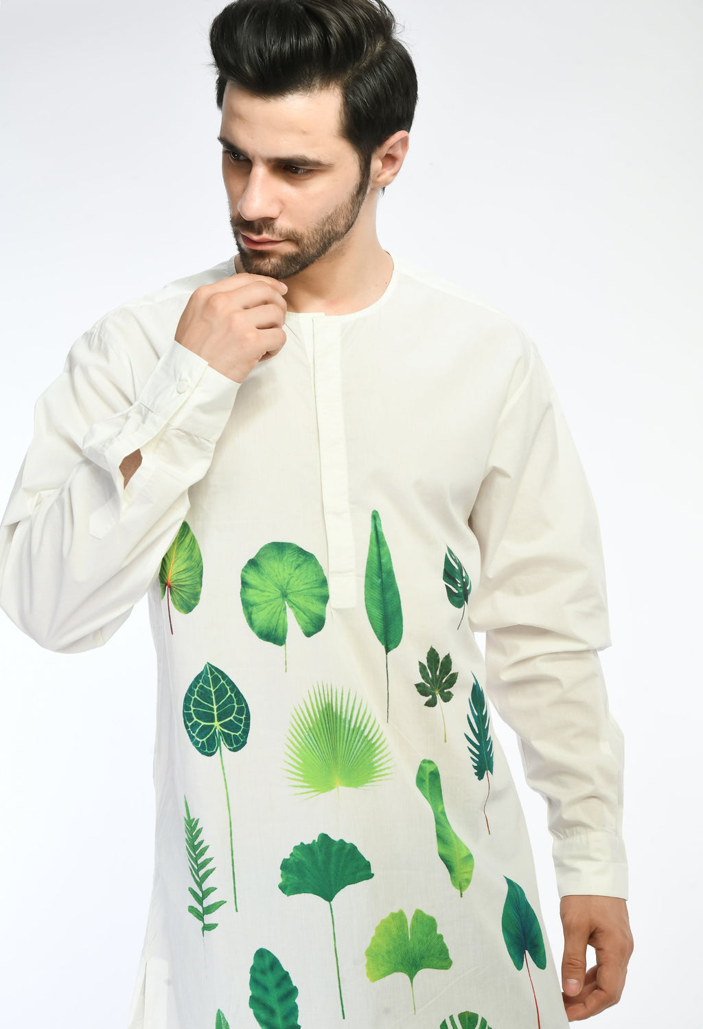 Soft cotton FOREST GRID SHIRT with small plant prints, light and comfortable for everyday wear.