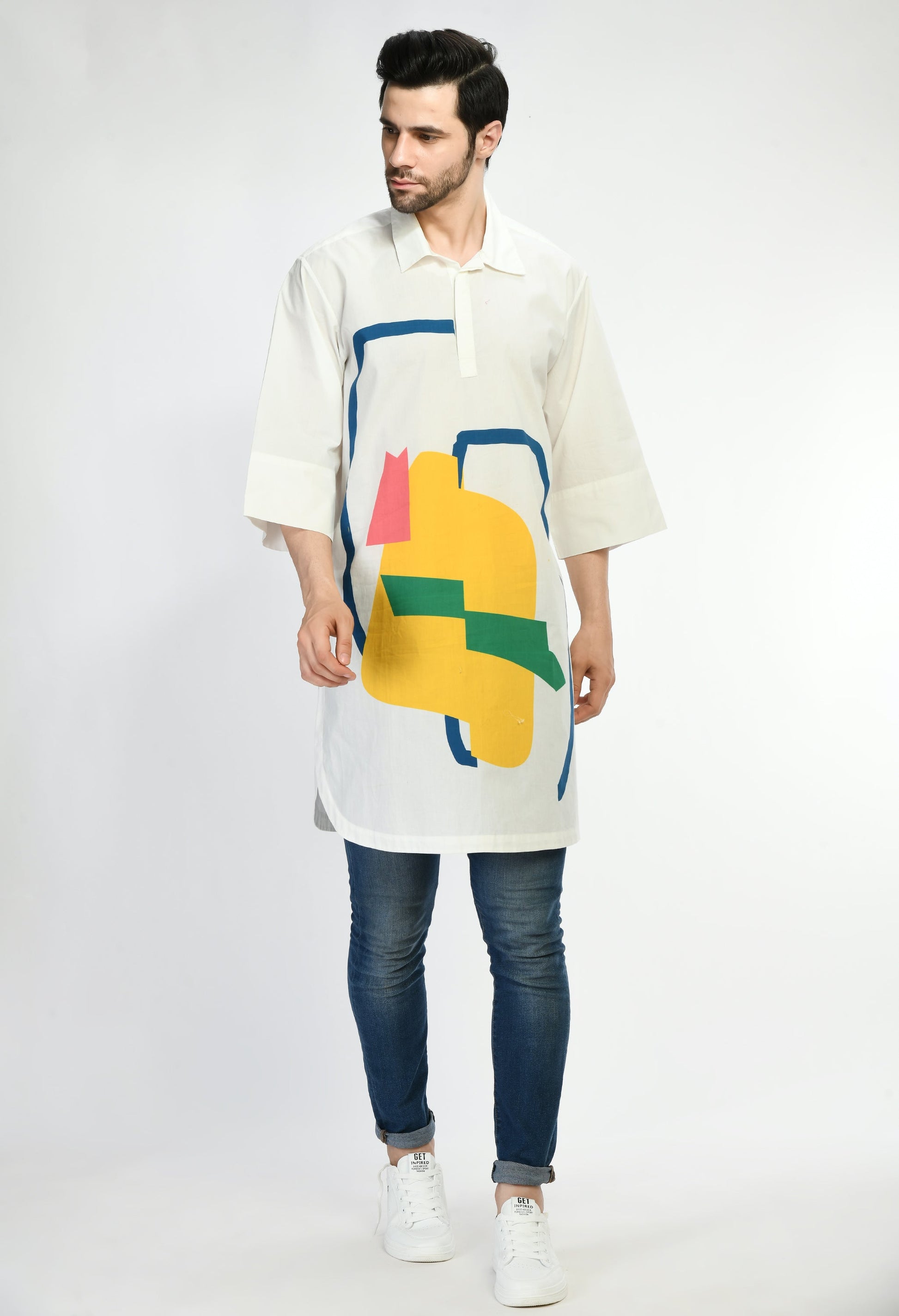Colorful PIXEL POP SHIRT with bold geometric prints on soft cotton fabric.