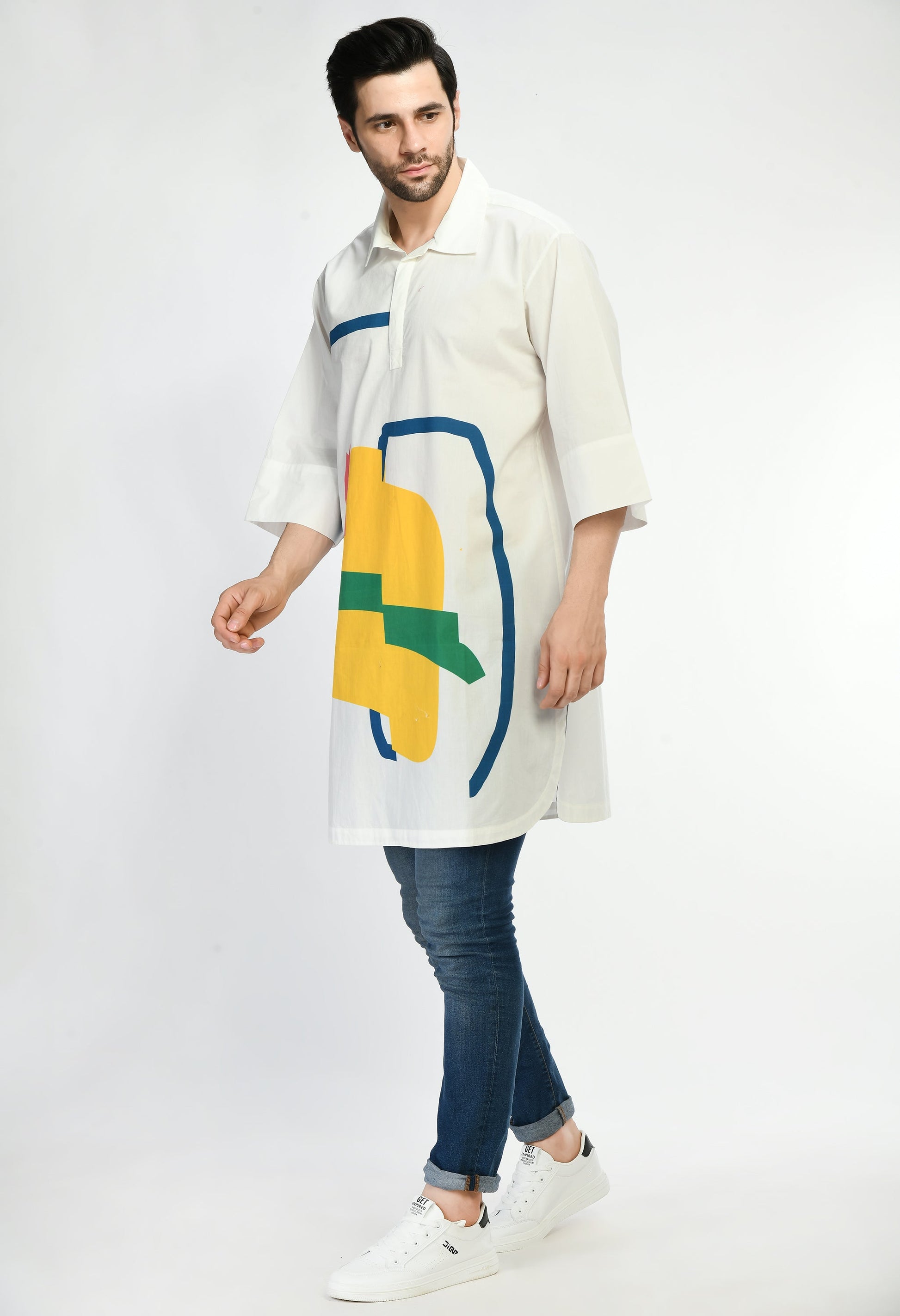 PIXEL POP SHIRT with bold geometric prints in vibrant colors.