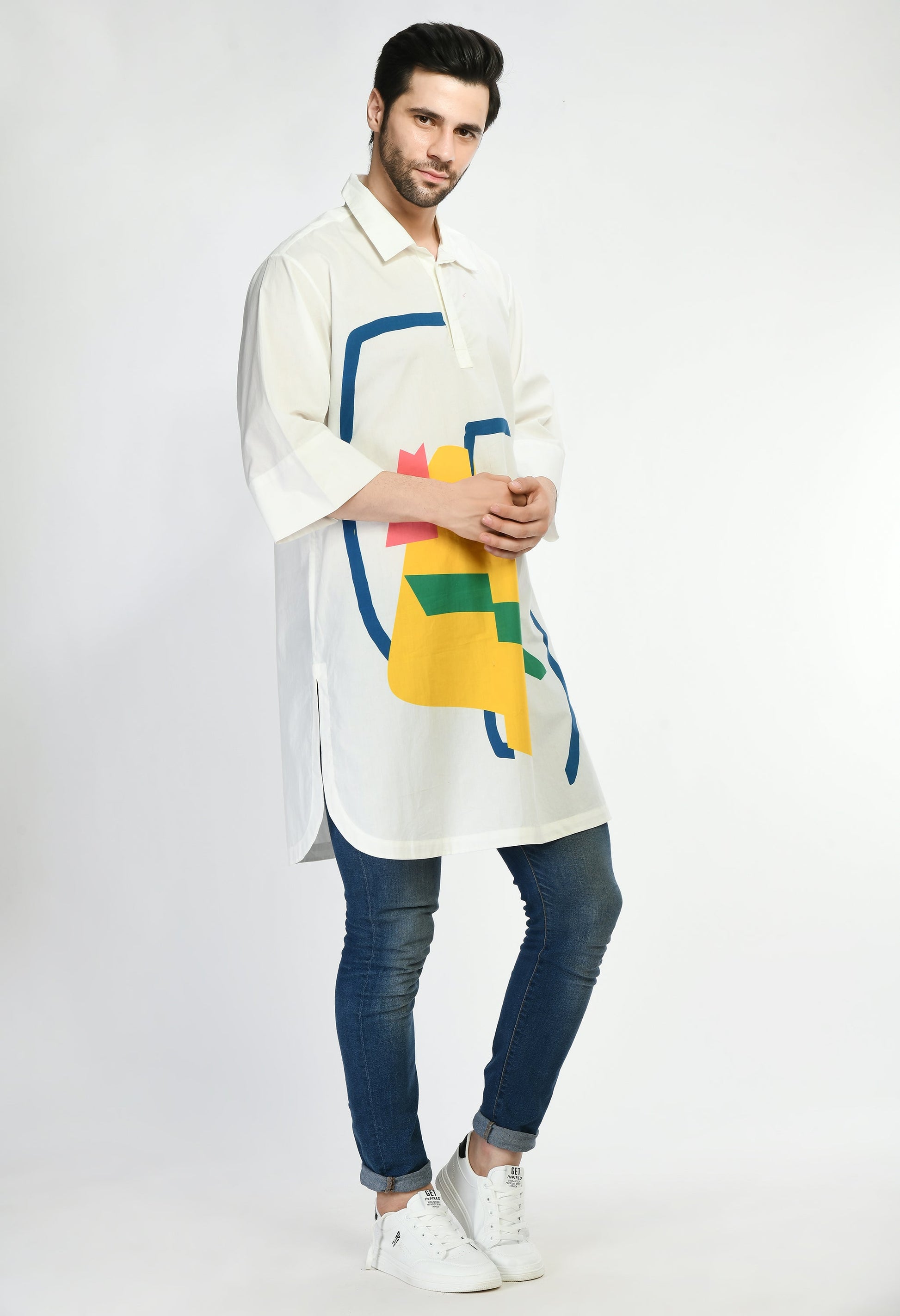 Colorful Pixel Pop Shirt with bold geometric prints and soft cotton material.