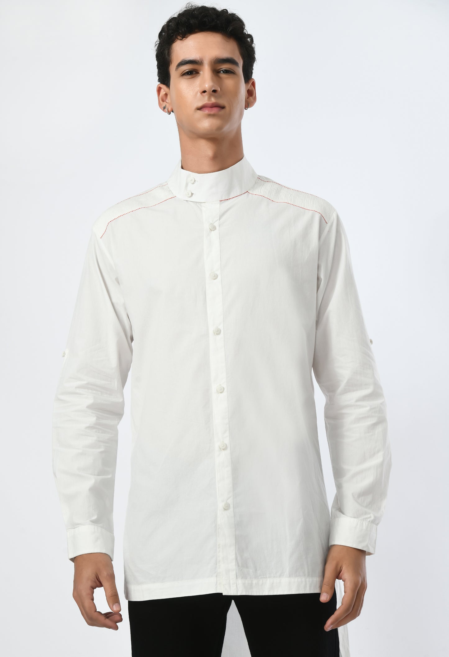 White unisex shirt with a Mandarin collar.