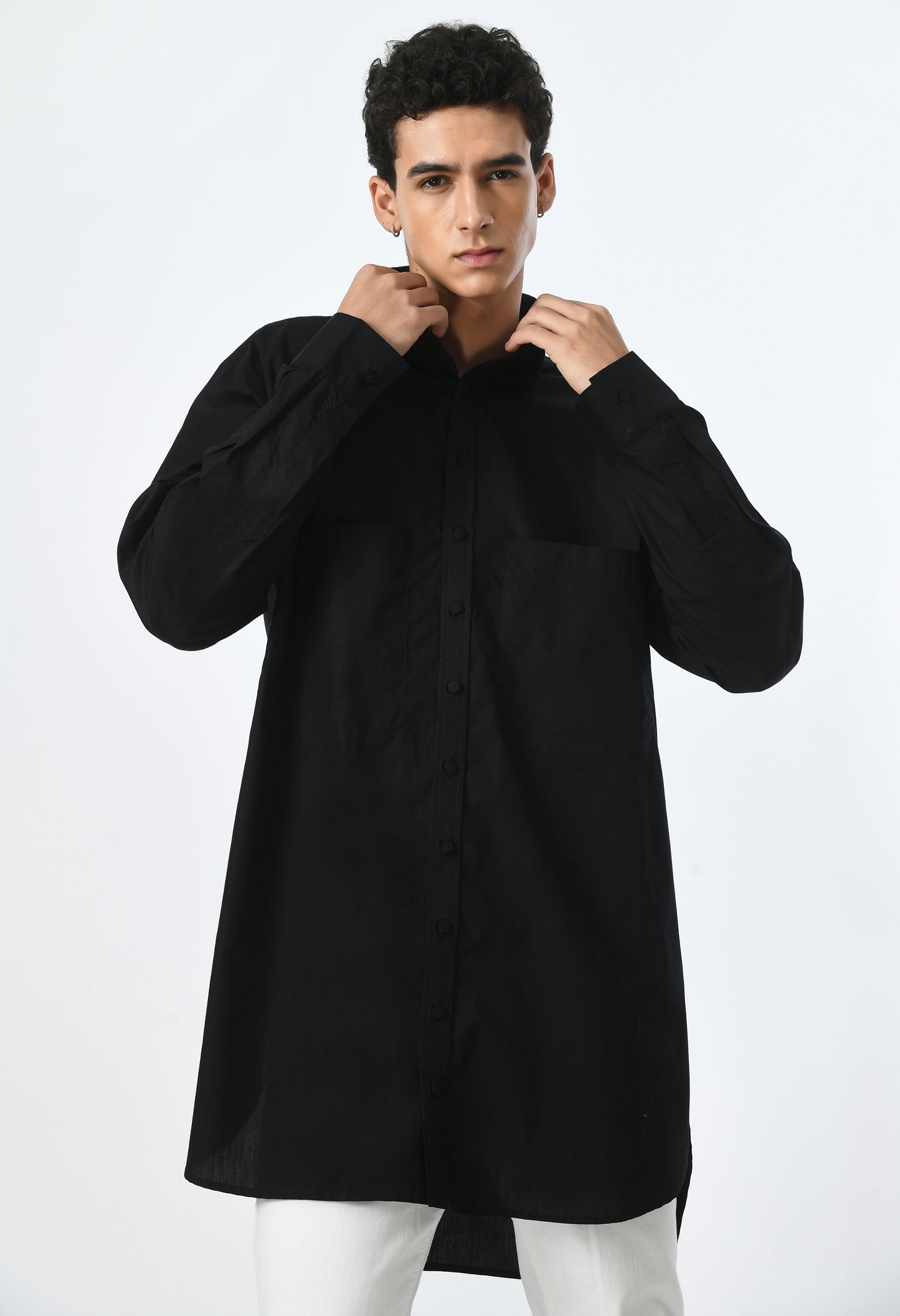 Black cotton unisex high-low cut shirt.