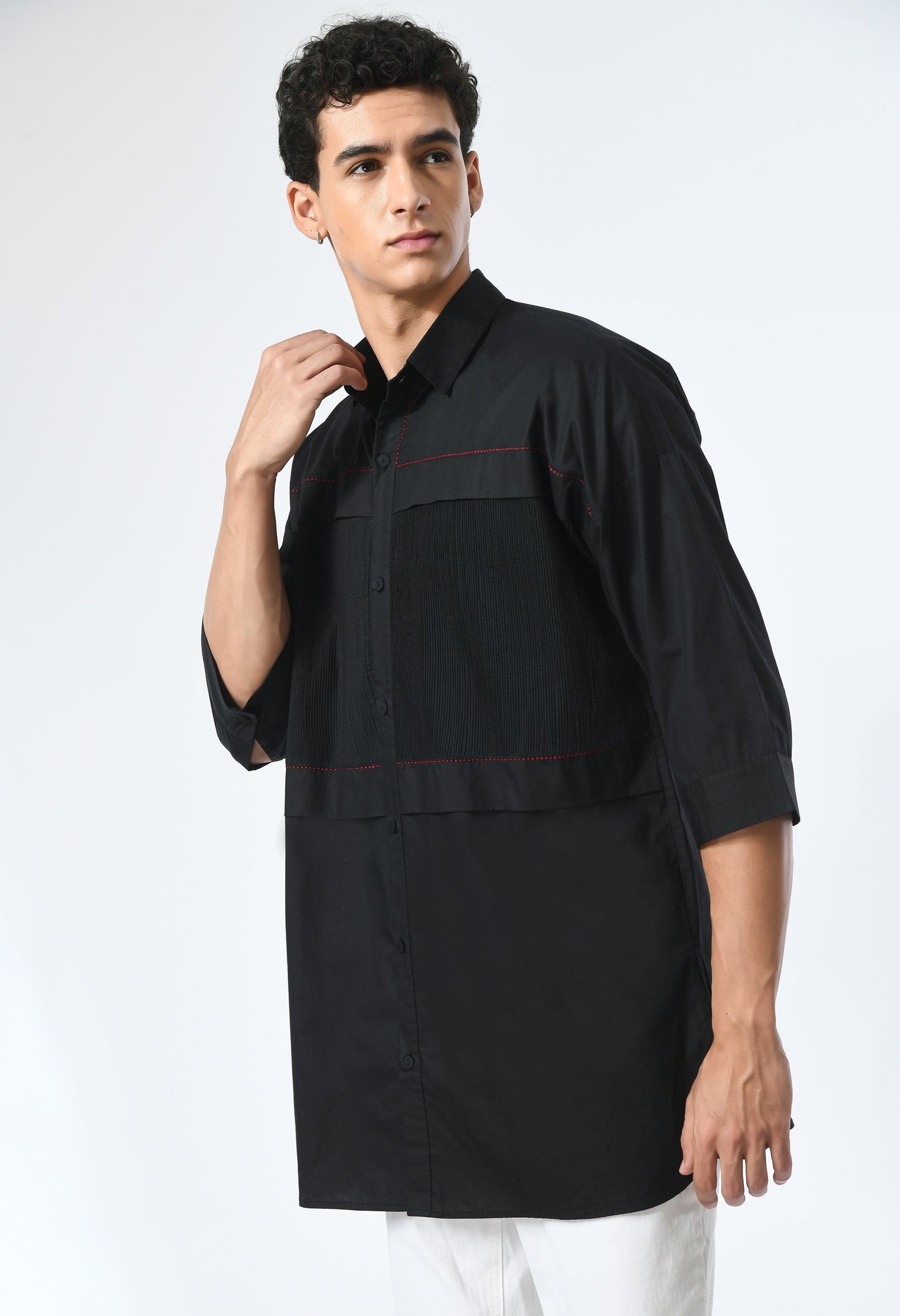 Unisex black cotton shirt with pintuk detailing.