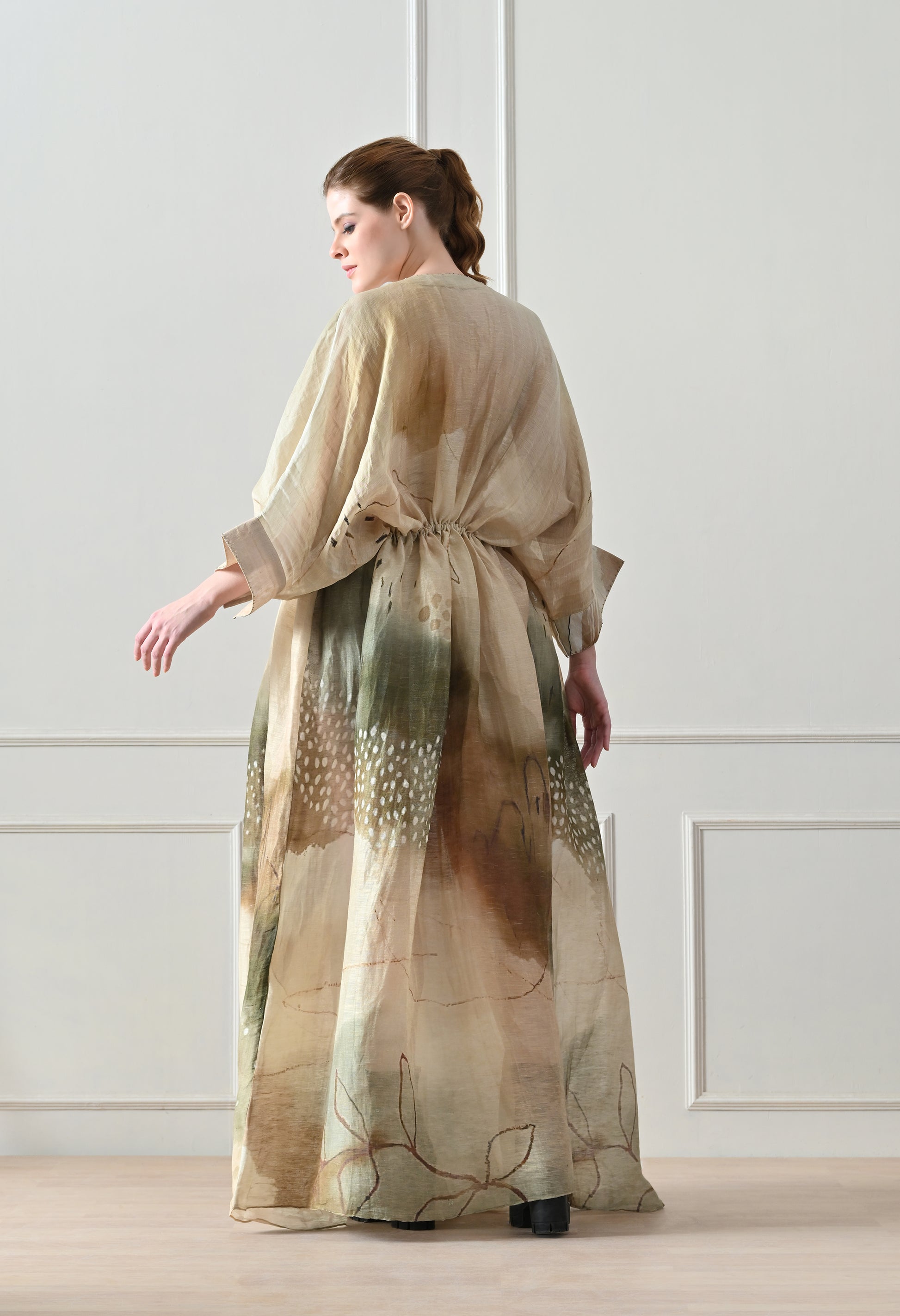 Soft Beige printed pintex Gathered Dress - samant chauhan design 