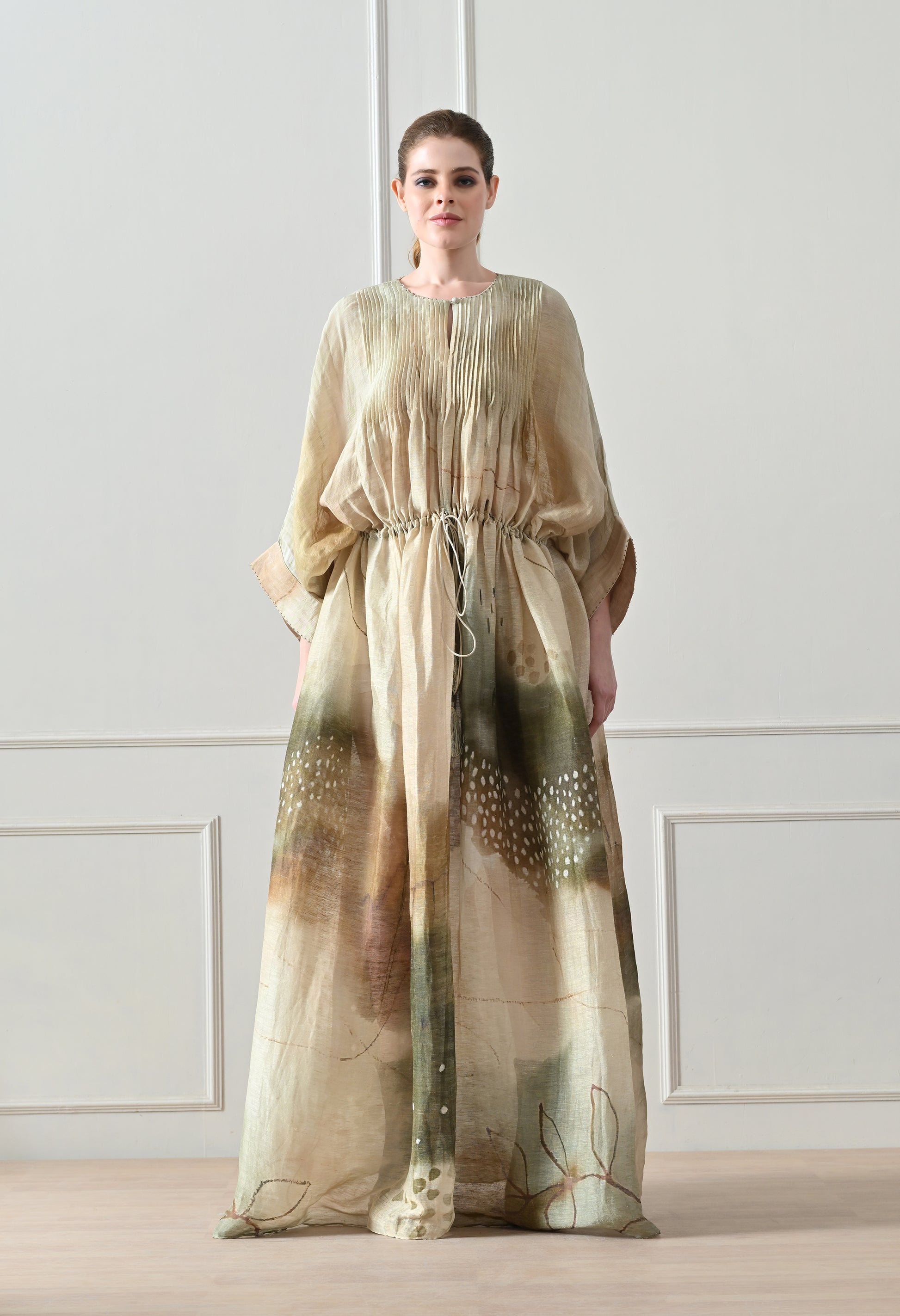 Soft Beige printed pintex Gathered Dress - samant chauhan design 