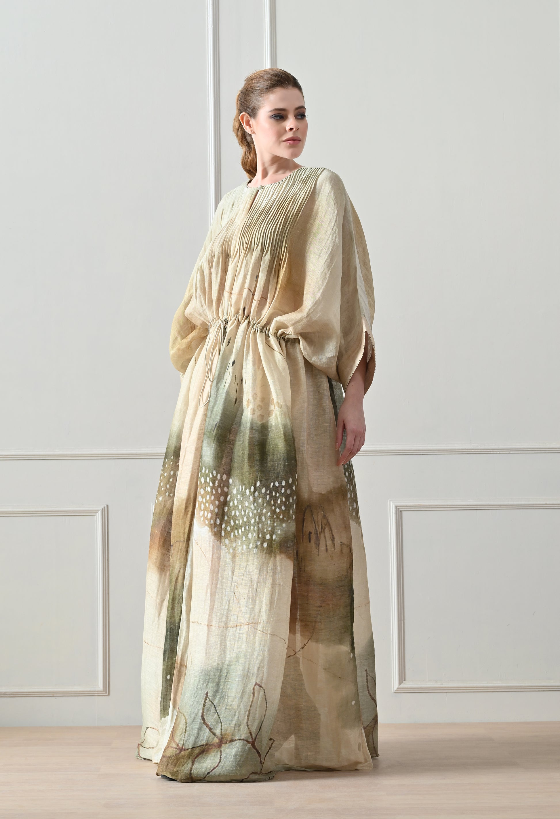 Soft Beige printed pintex Gathered Dress - samant chauhan design 