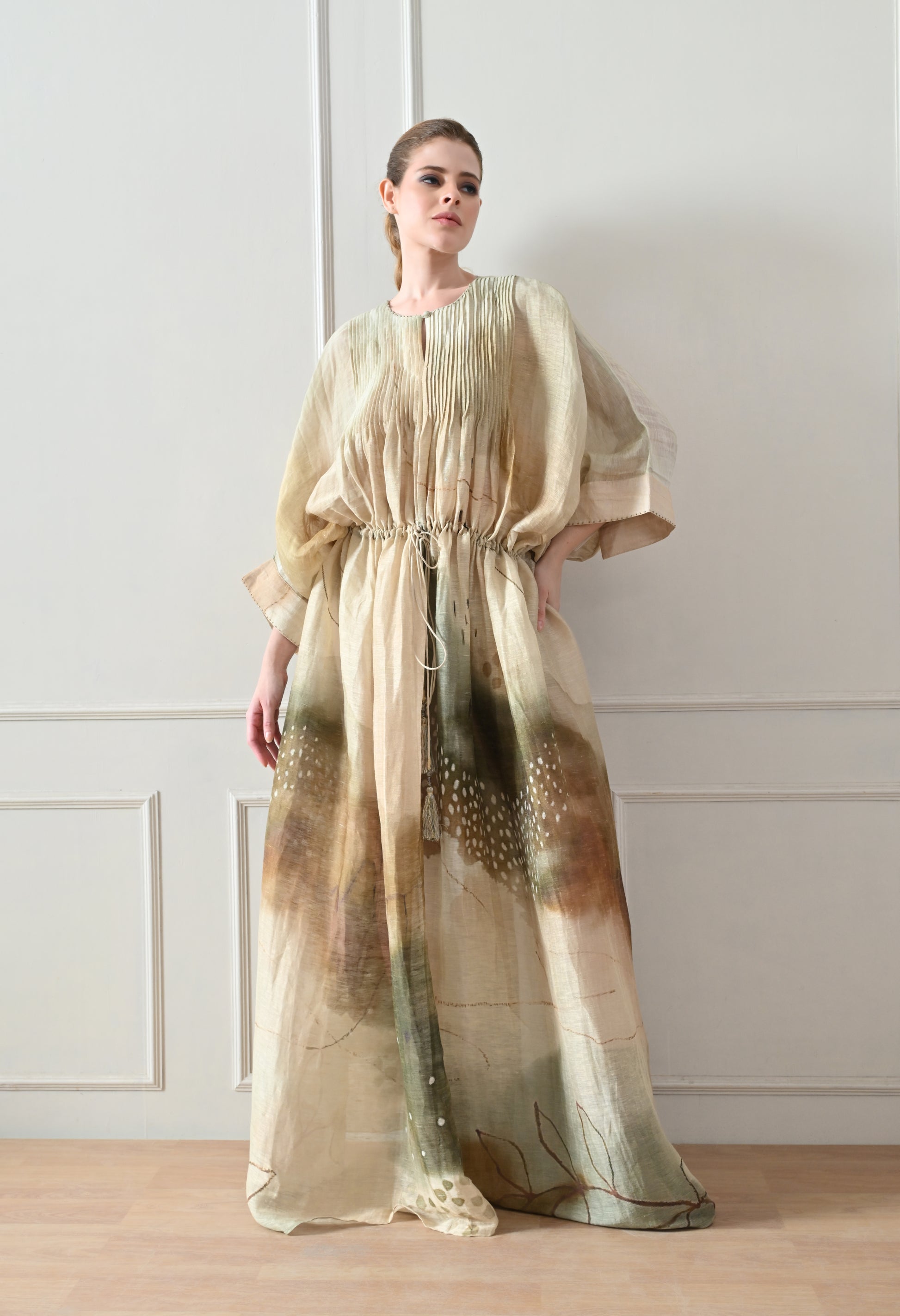Soft Beige printed pintex Gathered Dress - samant chauhan design 