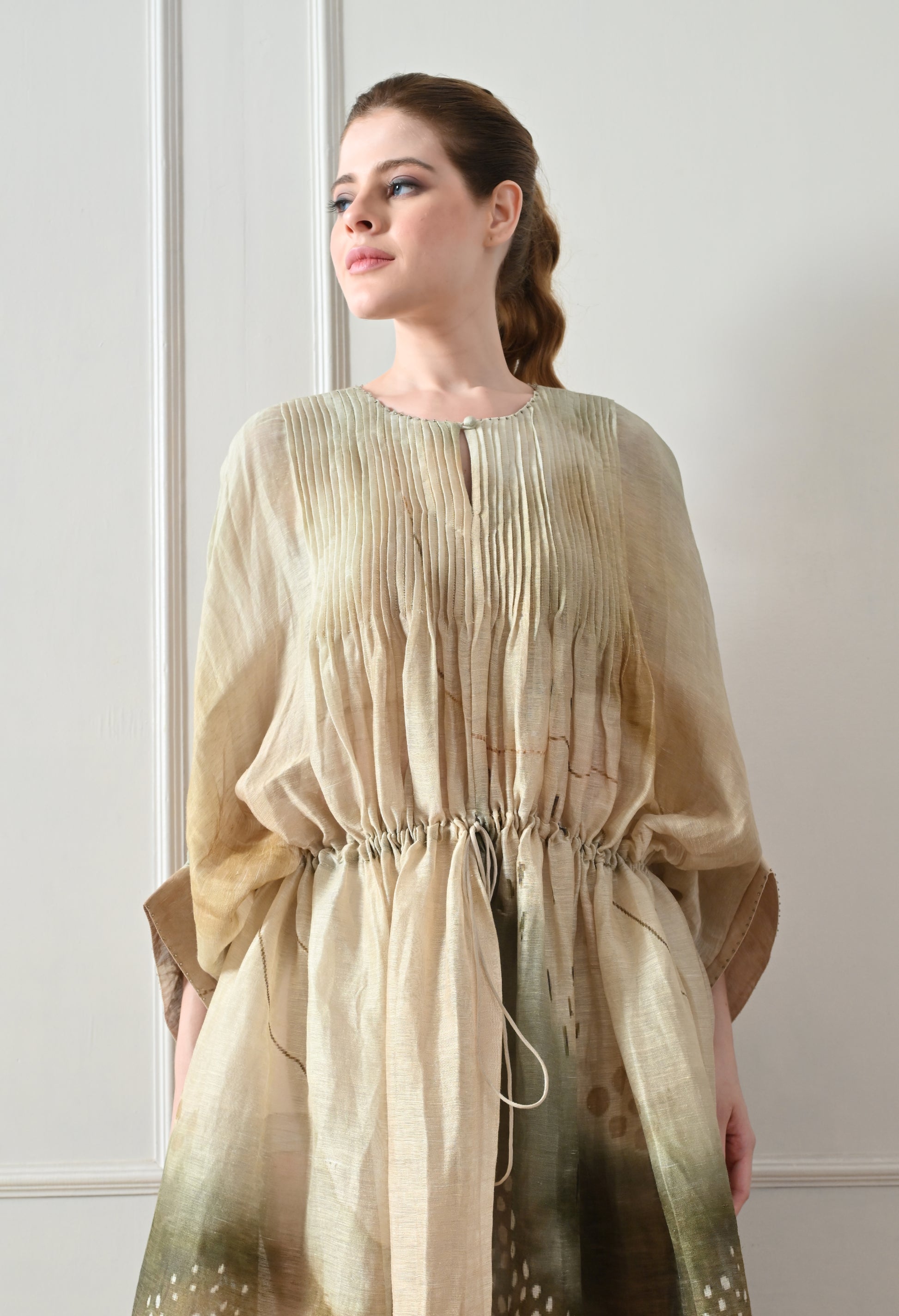 Soft Beige printed pintex Gathered Dress - samant chauhan design 