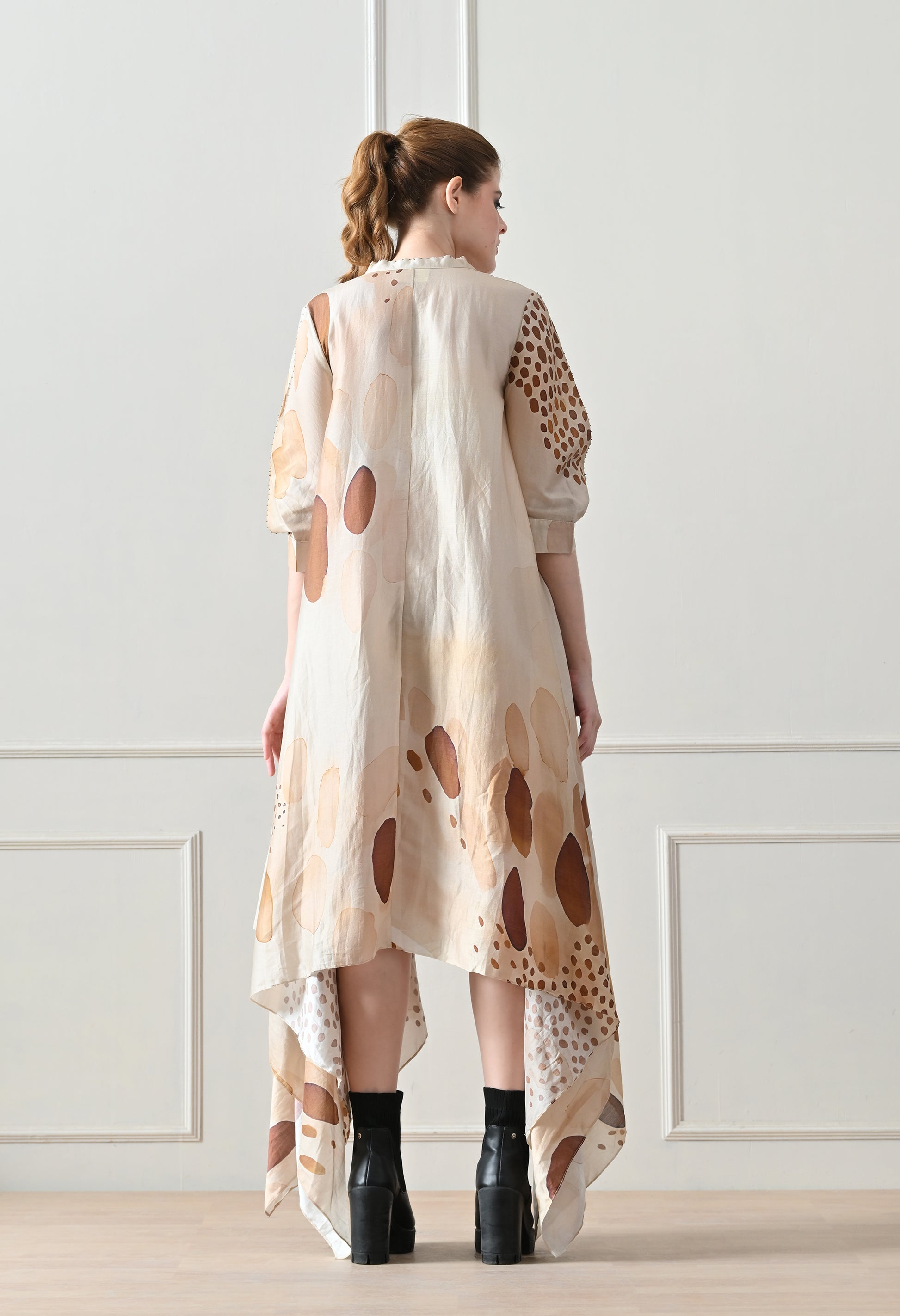 Beige Abstract print  Asymmetric high low Dress - samant chauhan design 