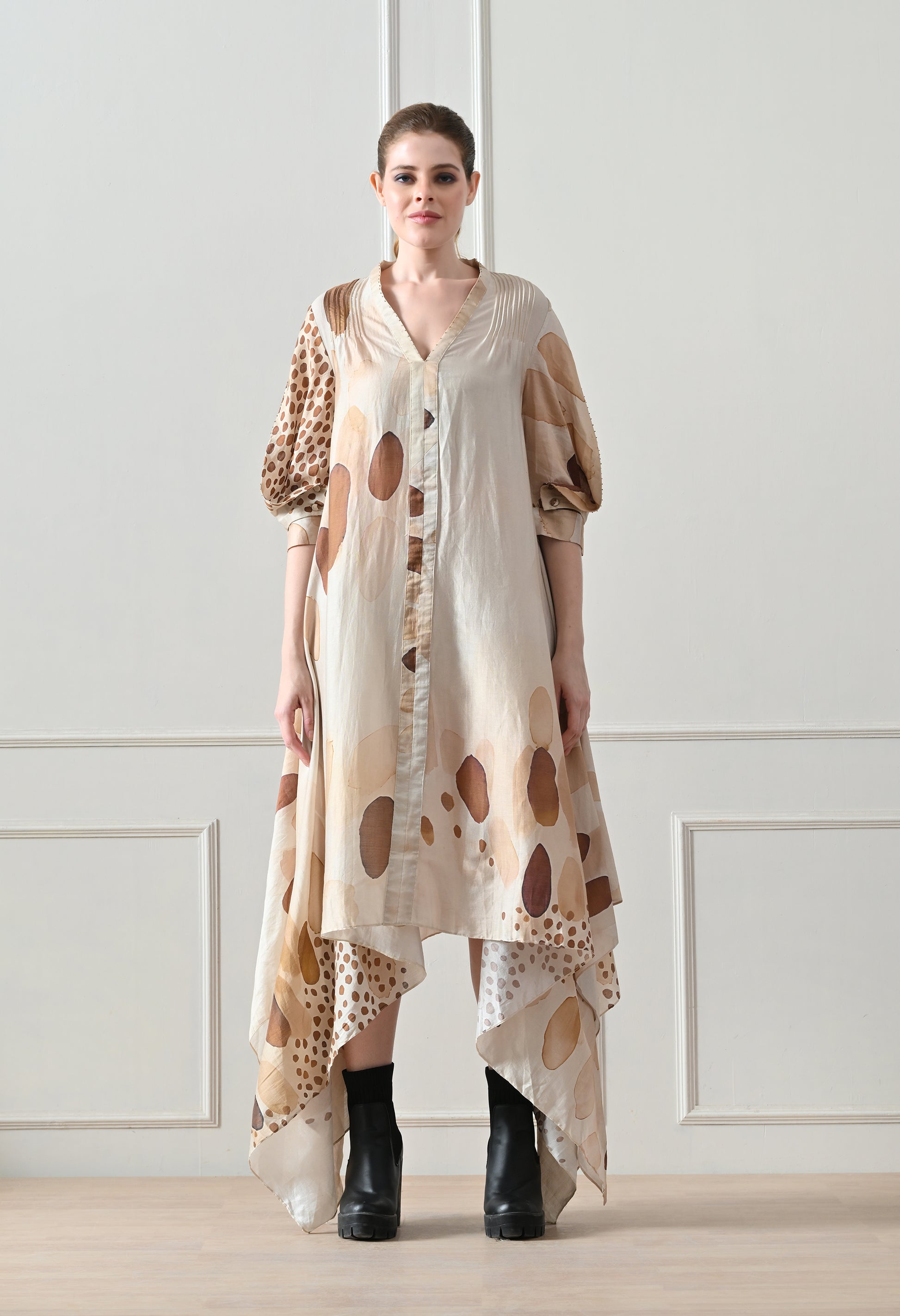 Beige Abstract print  Asymmetric high low Dress - samant chauhan design 