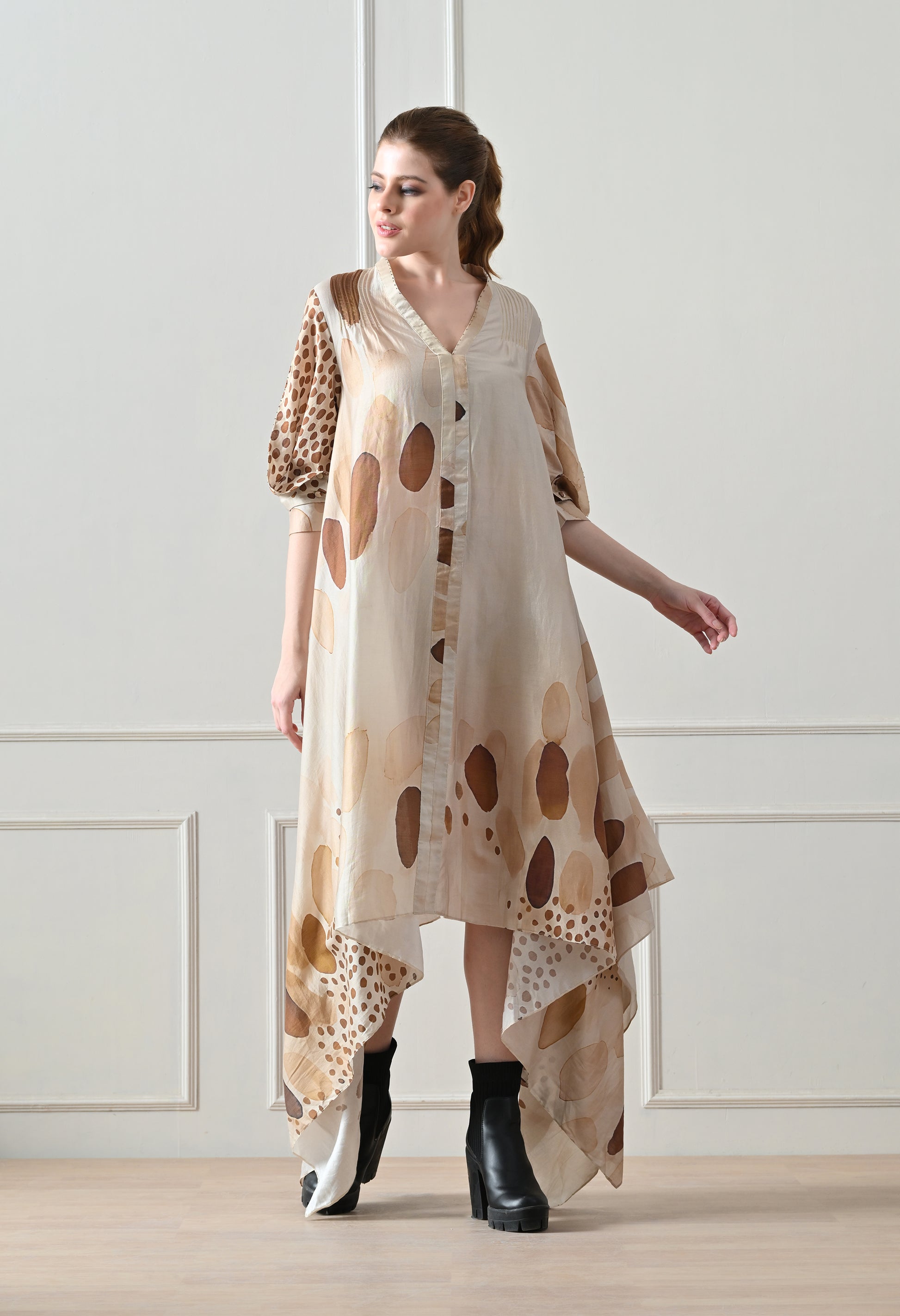 Beige Abstract print  Asymmetric high low Dress - samant chauhan design 