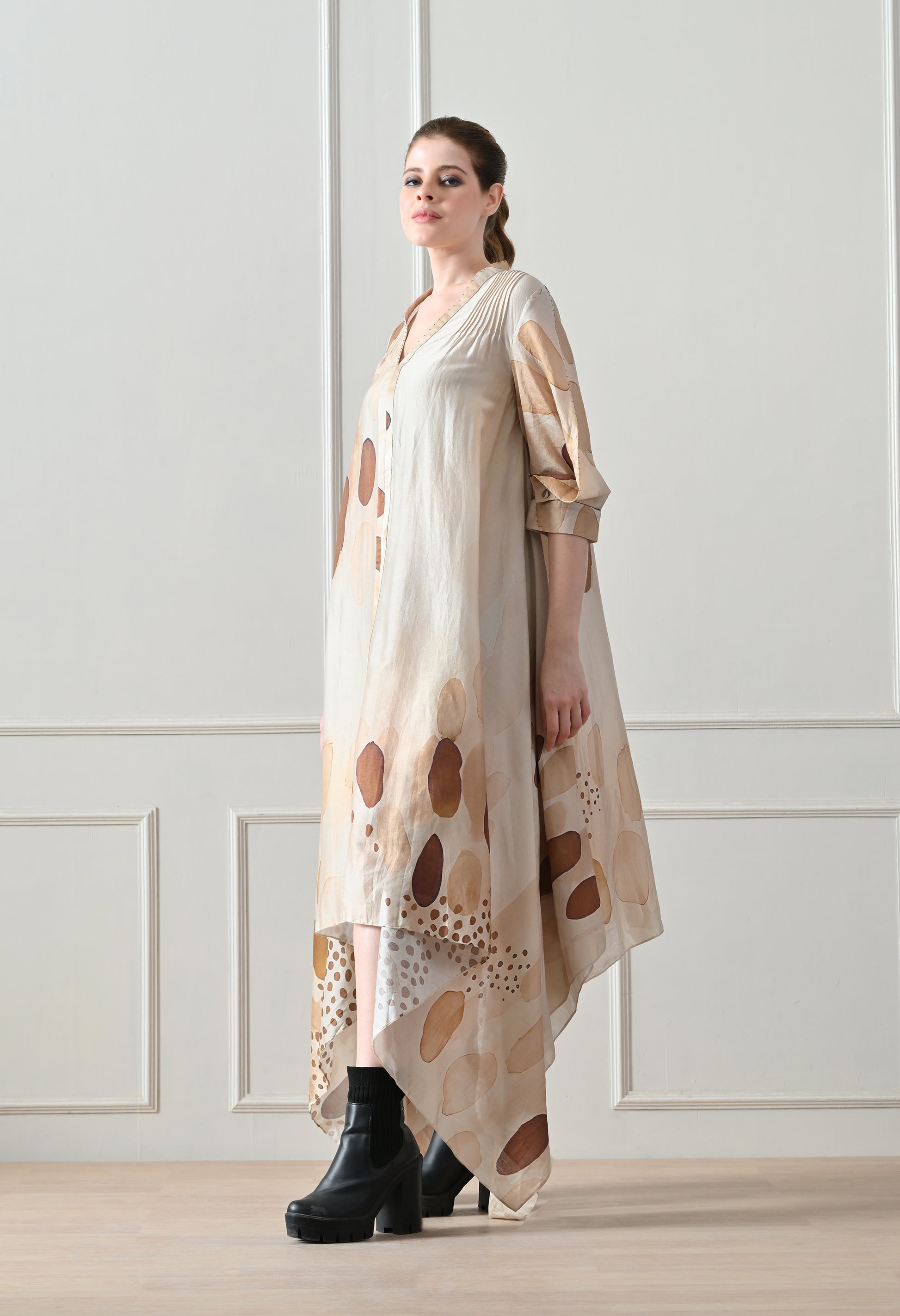 Beige Abstract print  Asymmetric high low Dress - samant chauhan design 